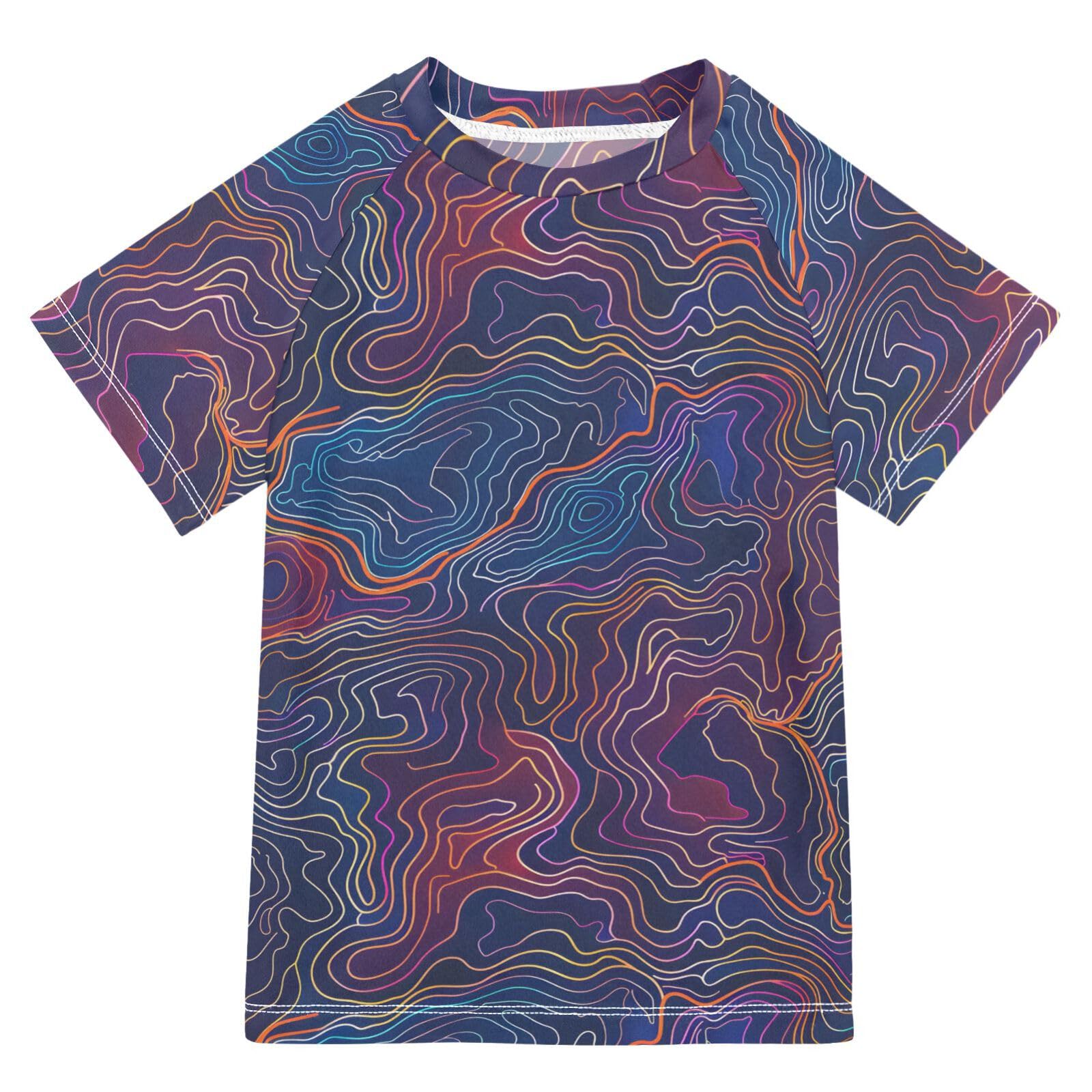 ALAZA Boys Swim Shirts Toddler Rash Guard Short Sleeve Rashguard Lines Abstract Dark UPF 50+ 11-12T