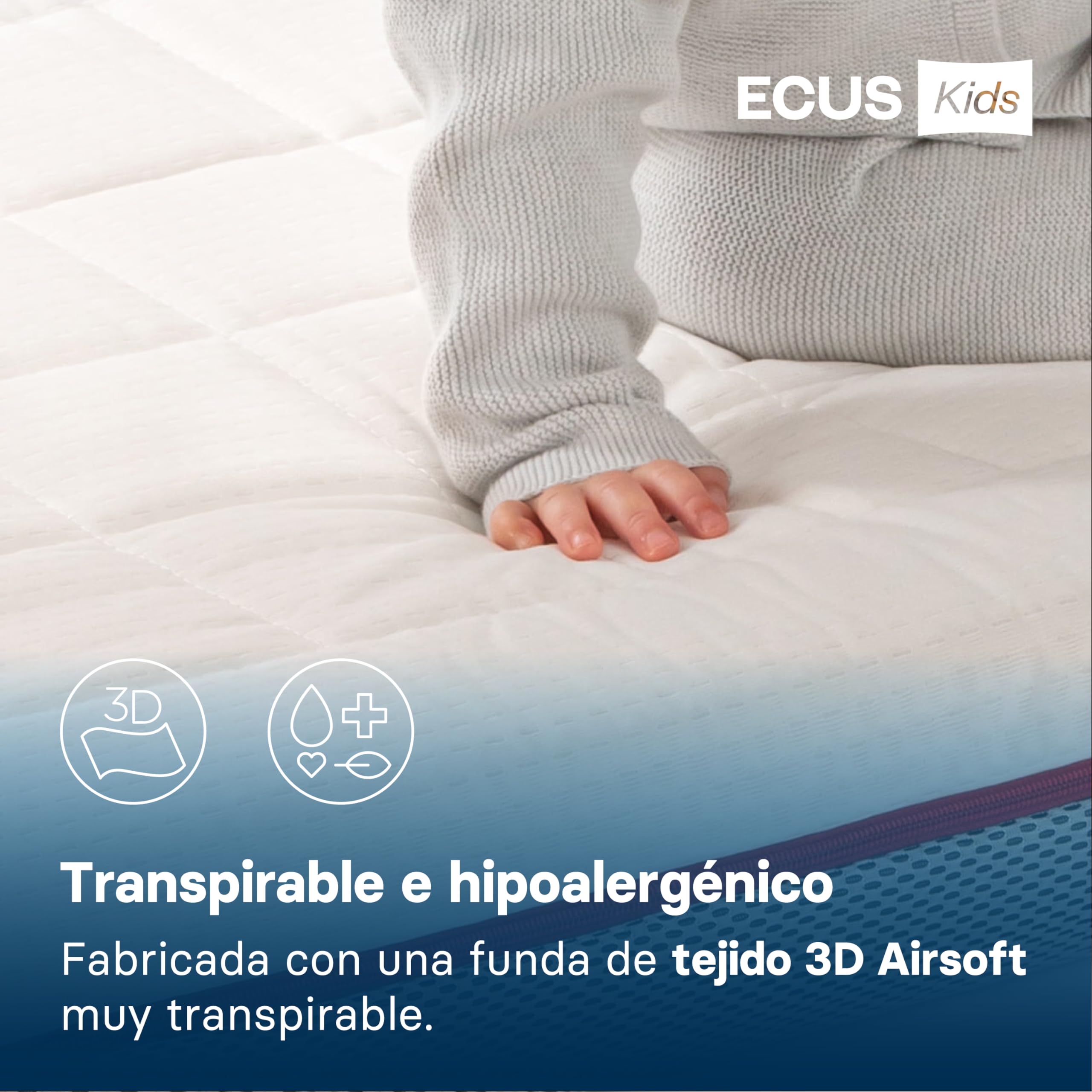 Ecus Kids, Colchón Cuna Pigü 120x60 cm, Antiplagiocefalia, Tejido Airsoft 3D, Hipoalergénico, Transpirable, Altura 12 cm, Colchón Infantil para un Sueño Seguro y Cómodo