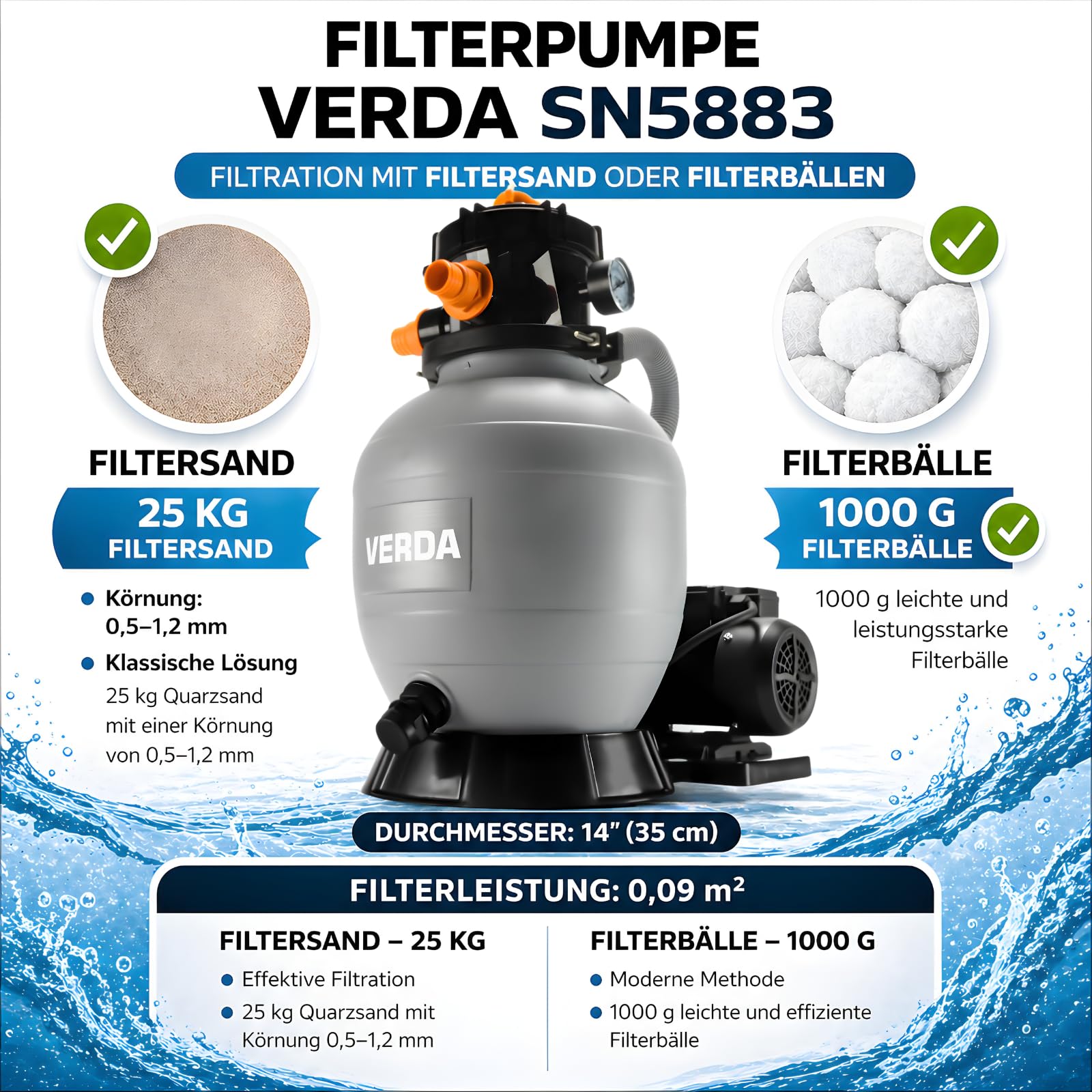 VERDA Depuradora de arena para piscinas de hasta 50.000 l, 13.200 l/h, 550 W, bomba con filtro de arena y 1000 g de bolas filtrantes, altura de elevación de 10 m, conexión de 38 mm, SN5883