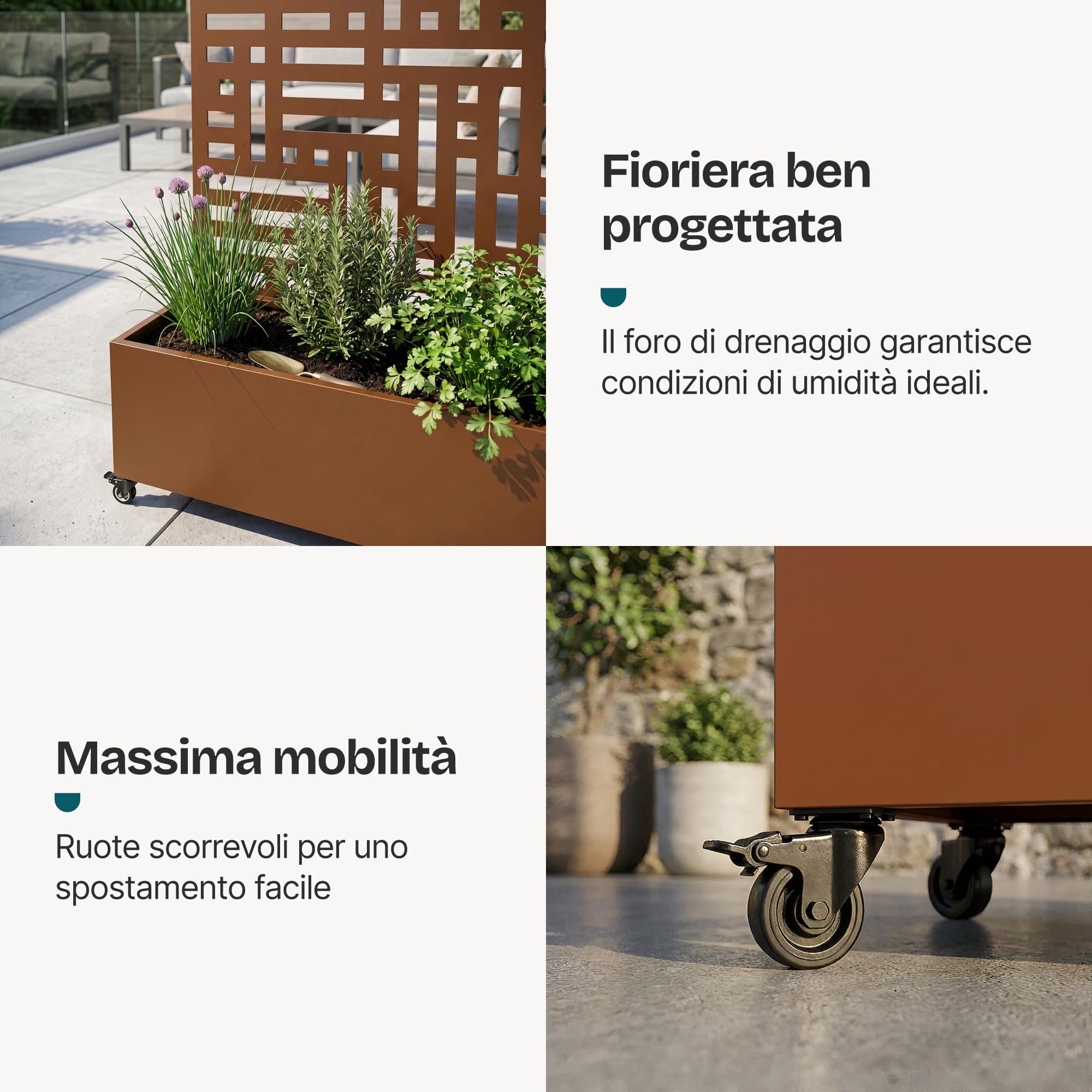 casa.pro Fioriera con Spalliera Arcuata in Acciaio 190x82x38 cm Marrone | Zincato Pannello Divisorio Decorativo Portapiante a Rotelle Separè Privacy Ruote da Interno Esterno Giardino Terrazza