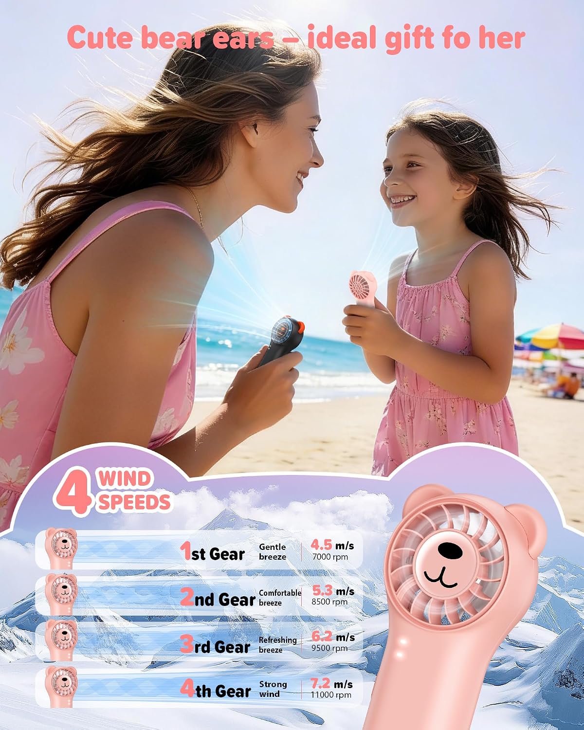 Portable Handheld Fan, Cute Bear Mini Fan with 11000 RPM High Speed, Rechargeable Personal Fan with 4 Speeds, Pocket Small Fan for Travel, Makeup, Lash, Gifts for Women Girl - Pink