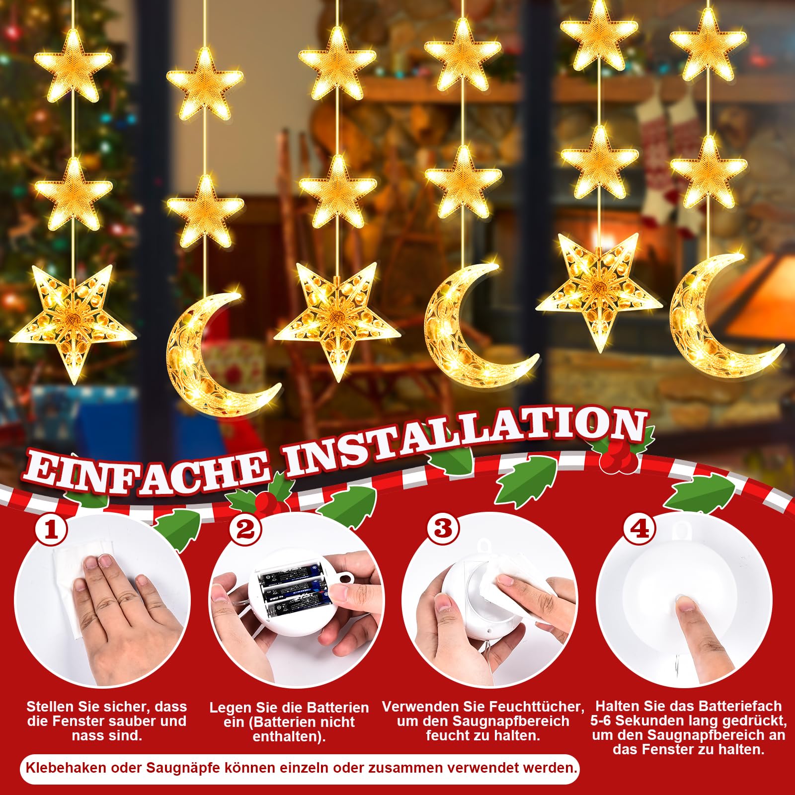 2 Luci Natalizie A LED A Forma Di Stella Con Timer E Ventose, Per Finestre E Decorazioni Interne Ed Esterne, Bianco Caldo