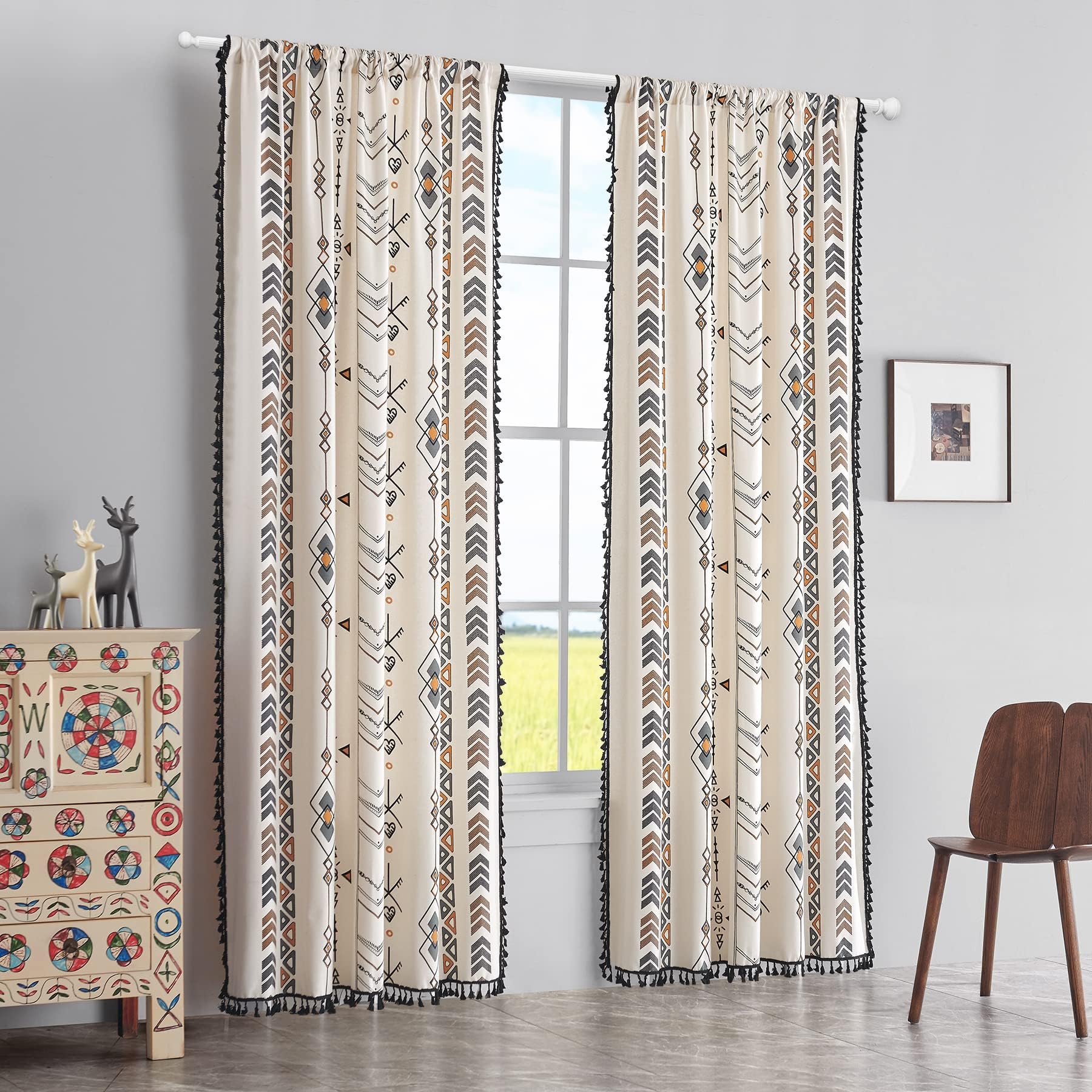 Coral FishBoho Curtains Bohemian Window Curtains with Black Tassel Fringe Cotton Drapery for Living Rooms & Bay Windows Light-Filtering Farmhouse Curtain, Rod Pocket, 59x84 Inches, 1 Panel