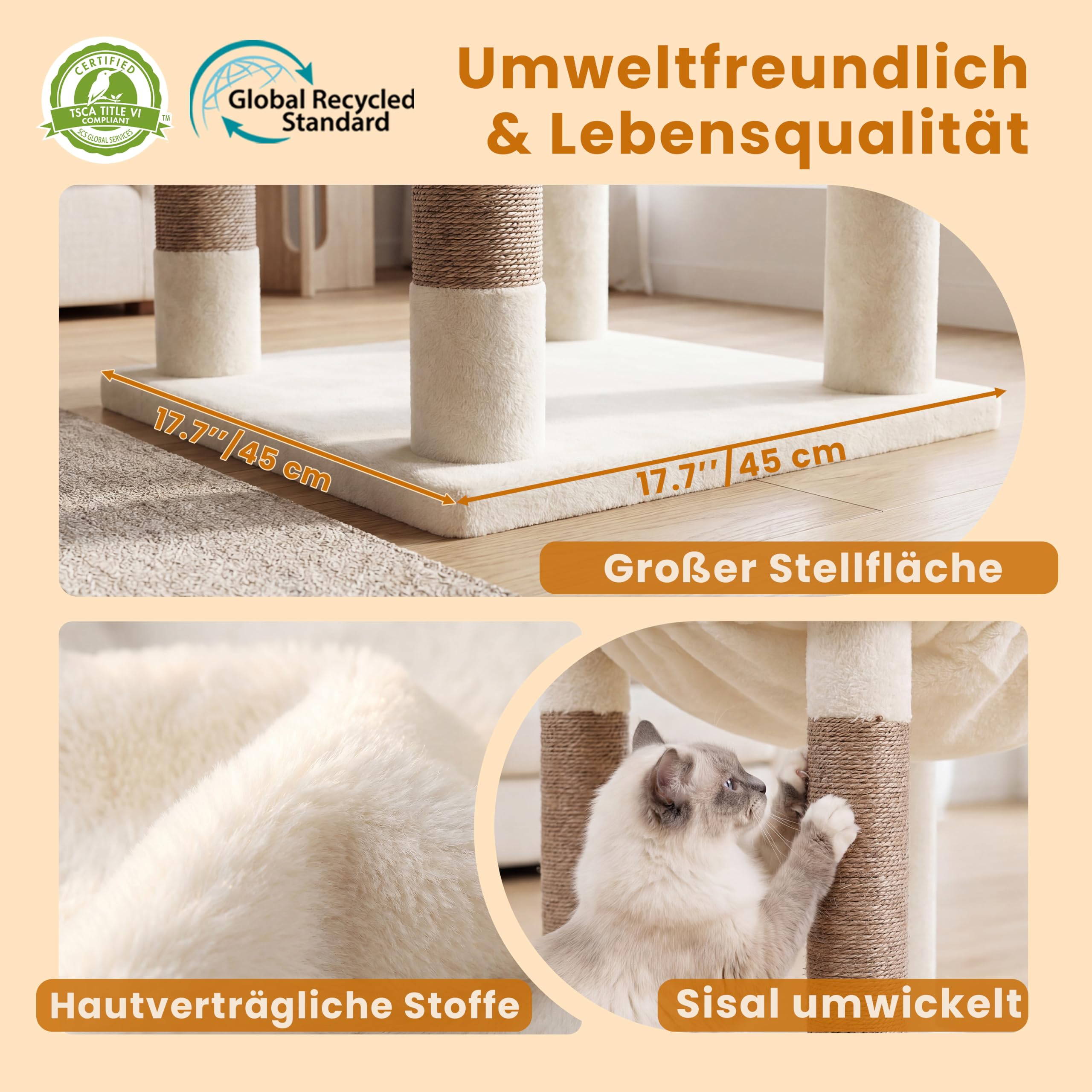 Heybly kratzbaum 142 cm mit Leichtem Aufstieg, 2 Ruheplattformen, Katzenhöhle, Hängematte und Korb, Natursisal-Kratzstämme, ideal für Wohnungskatzen, Beige HCT028MJ