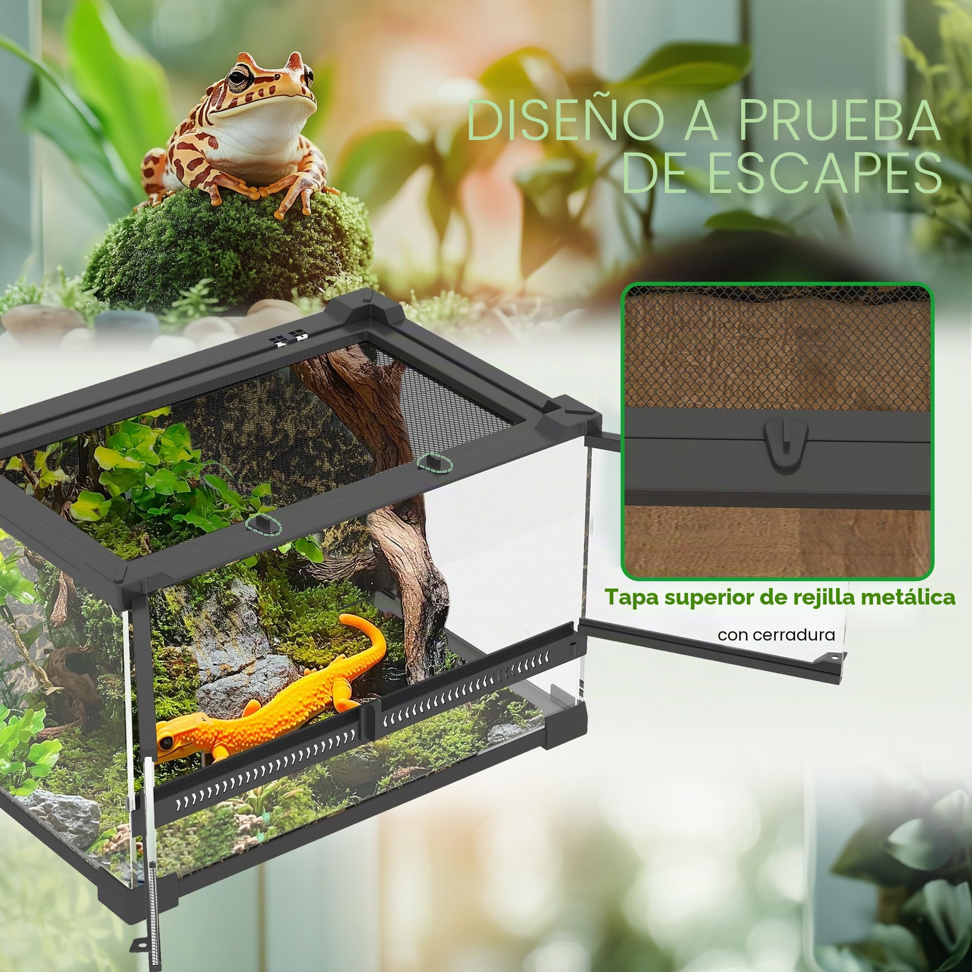 PawHut Terrario de vidrio para reptiles, vivero de reptiles con fondo de piedra, ventilación frontal, cerradura de botón a prueba de fugas, recinto de vidrio para lagartos, ranas con cuernos