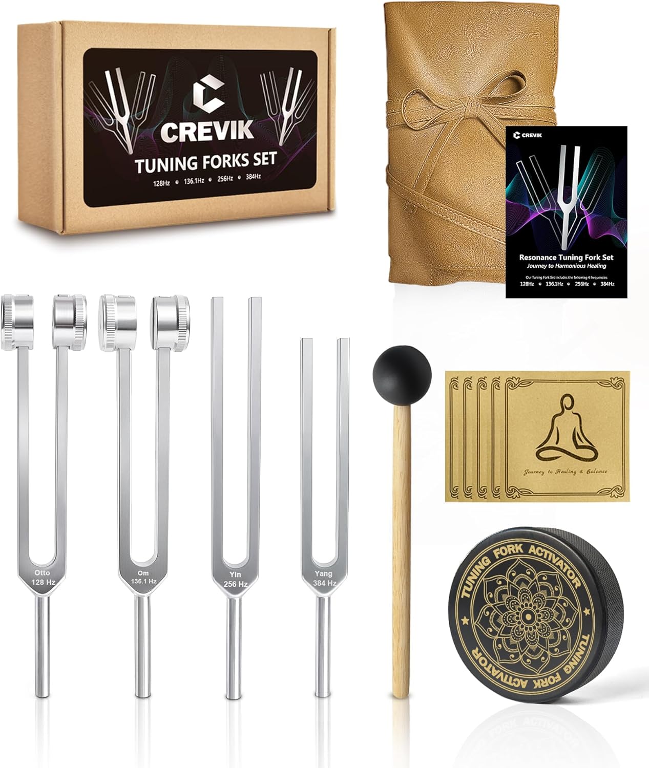 Tuning Forks for Healing Set – 128Hz, 136.1Hz, 256Hz, 384Hz Weighted & Unweighted Tuning Fork Kit with Hockey Puck Activator – Chakra Sound Therapy Instruments for Meditation & Yoga in Pouch