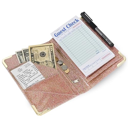 Miniatura 2 de DGBDPACK Libreta para meseros de cuero, organizador de libro con cremallera para personal de restaurantes, 5 bolsillos grandes con soporte para