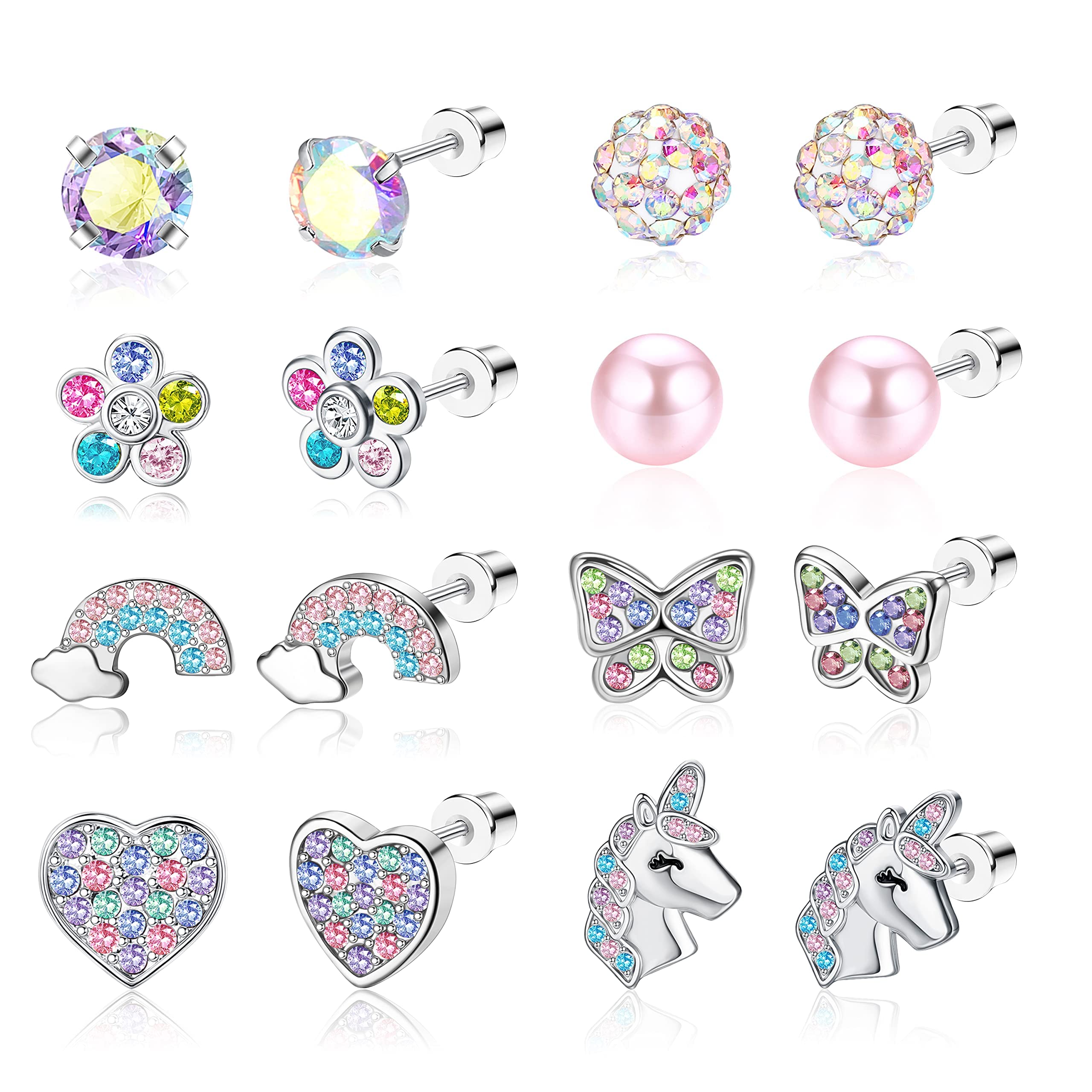 Diamday Hypoallergene Ohrringe mit Schraubverschluss für Mädchen und Frauen Edelstahl 316L Medizinische Ohrstecker CZ Blume Herz Schmetterling Schraubverschluss Rosa Mehrfarbig Ohrstecker-Set