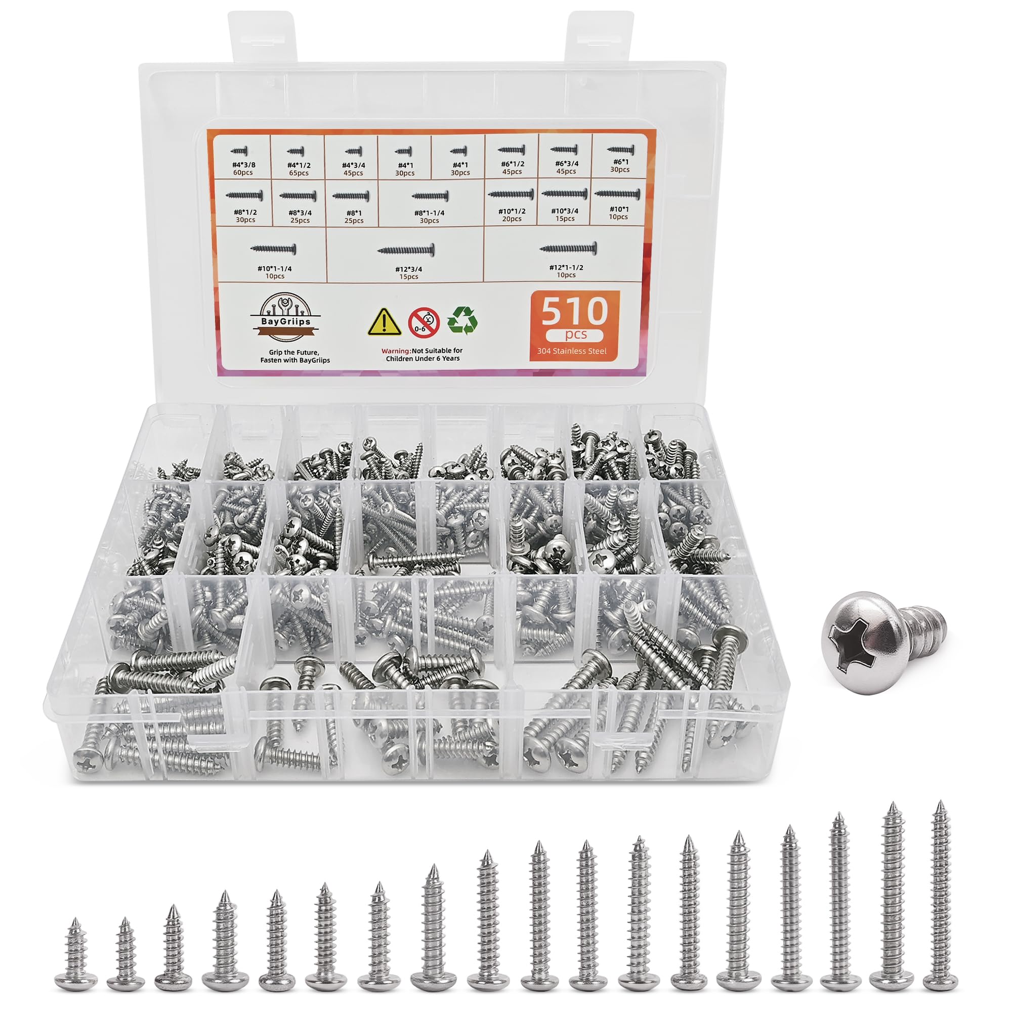 Stainless Steel Screw Assortment – #4 to #12 (450 Pieces) -8