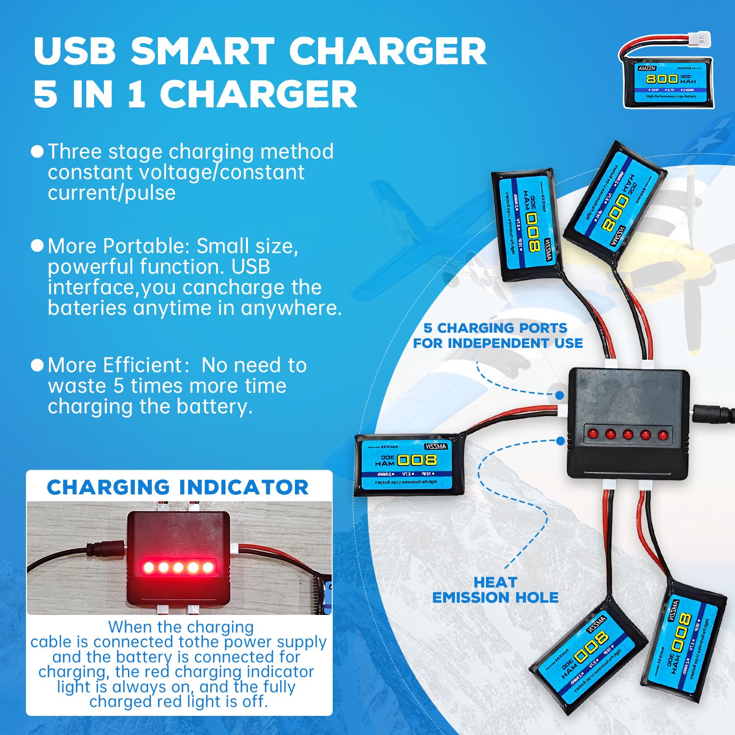 5 pièces 3,7V 800mAh 30C Molex Plug Lipo Batterie avec Chargeur 5 en 1 pour Drone télécommandé SYMA X5C X5SW H5C V931 U45W SS40, Compatible avec la Plupart des quadcopters