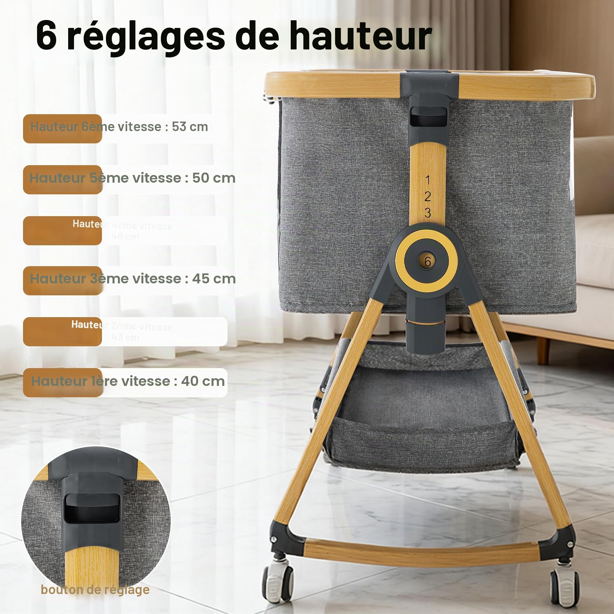 YAZOCO Berceau Bébé 3 en 1 Lit Cododo avec Matelas, Hauteur Réglable 6 Niveaux, Inclinaison 5° Scientifique, Panier Rangement Gris