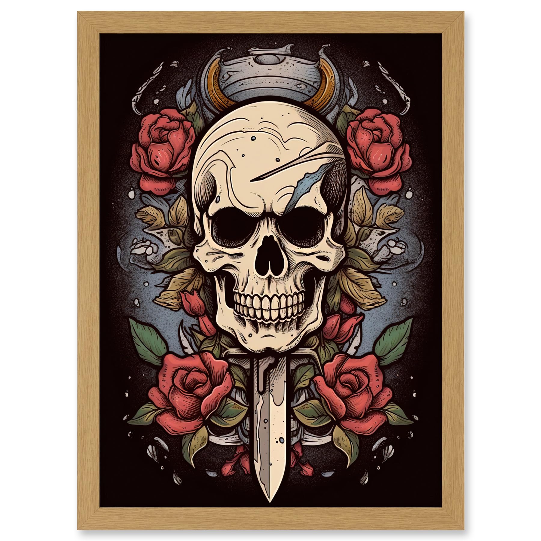 Artery8 Skull Dagger and Roses Tattoo Ink Body Art Rockabilly Americana 50s Artwork Framed A3 Wall Art Print