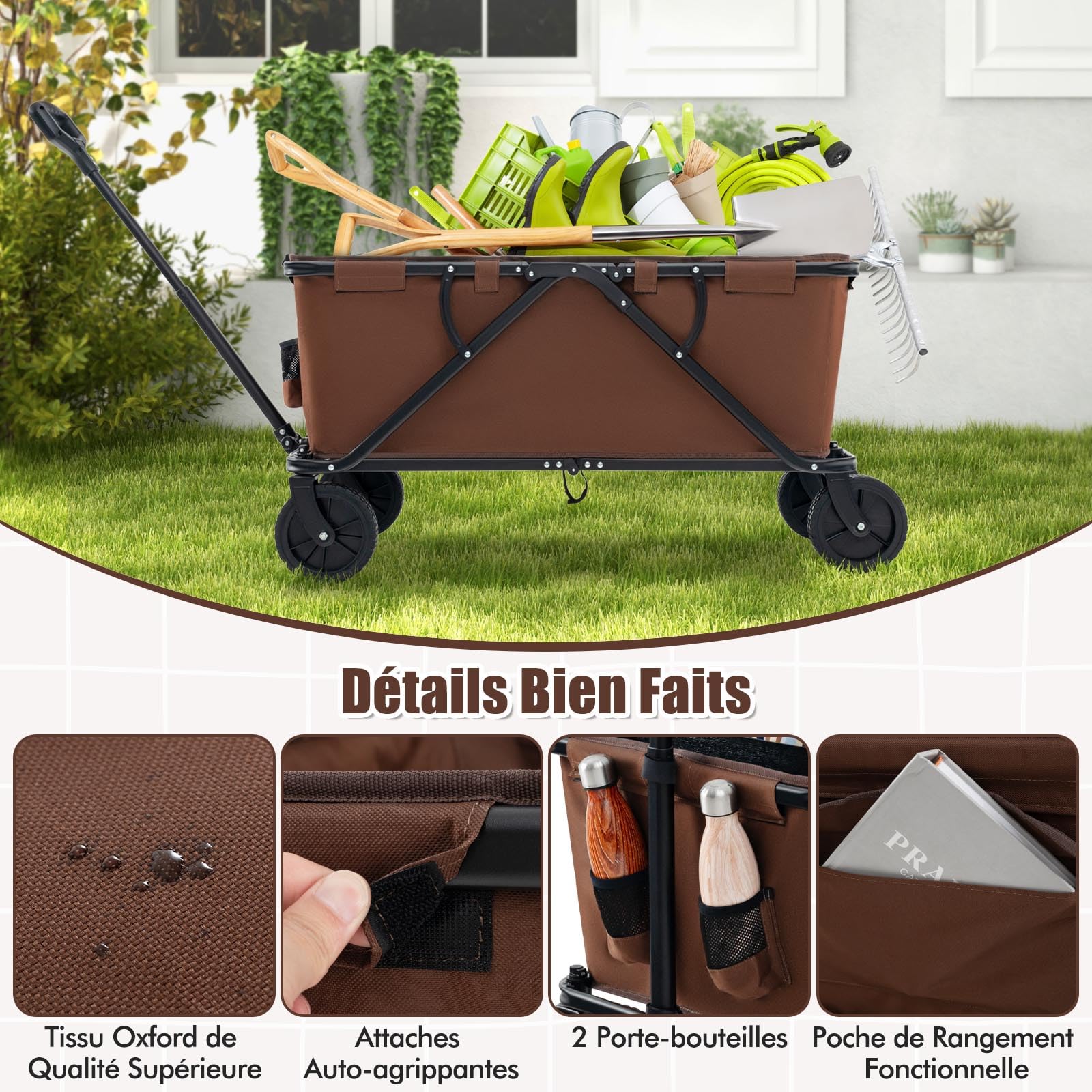 GYMAX Chariot de Plage Pliable à roulettes, avec Guidon Réglable, Porte-Bouteilles et Poche de Rangement, Chariot Utilitaire Pliable d'Extérieur, pour Camping-Jardin-Plage (Brun)