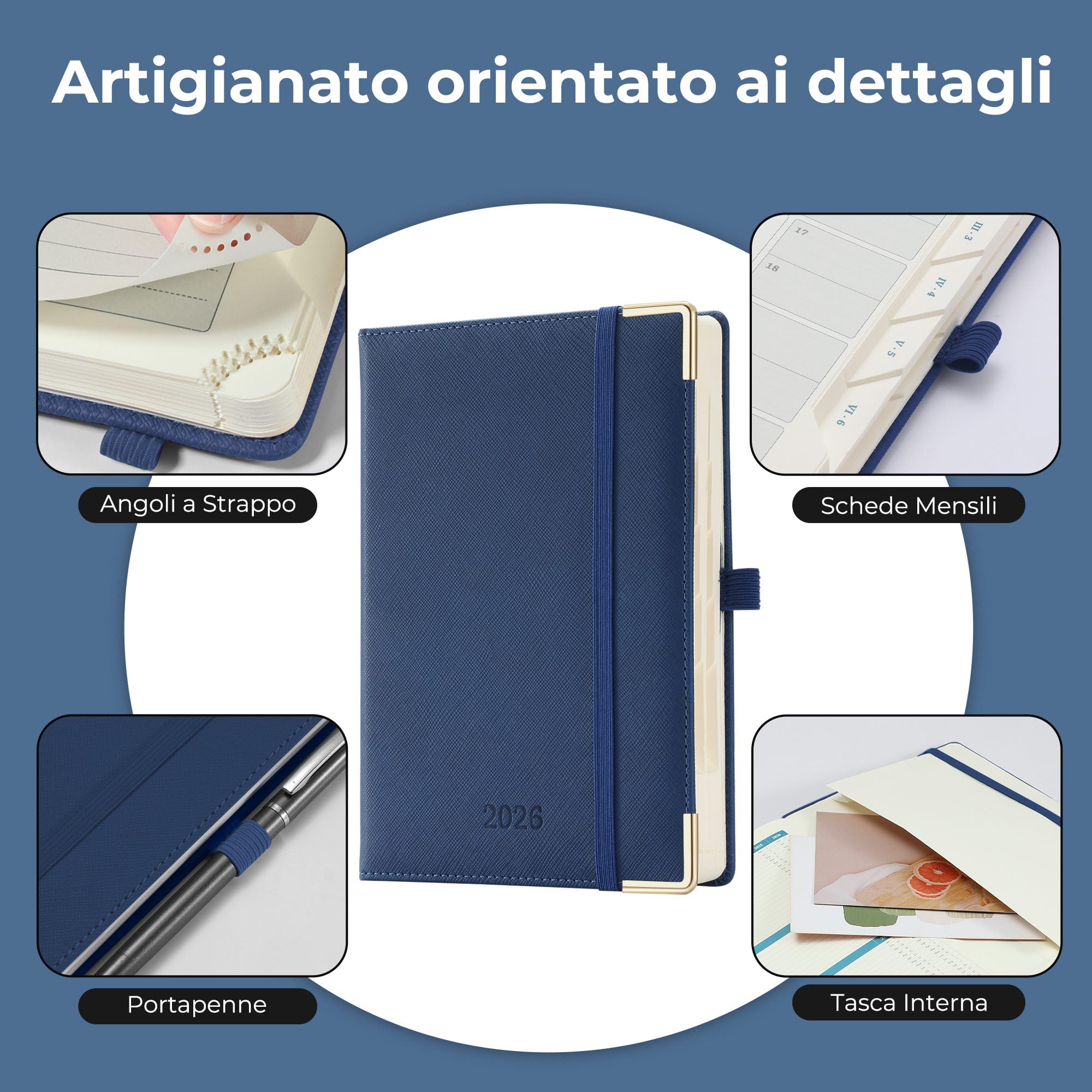 Agenda 2026 A5: Diario, Pianificatore quotidiano 1 pagina/giorno, Carta 80 g/m² 21,5x15 cm, con portapenne & tasca interna, pelle vegana Blu marino