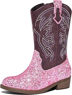 K KomForme Girls Cowgirl Boots Mid Calf Glitter Cowboy Boots Western Round-Toe Riding Shoes