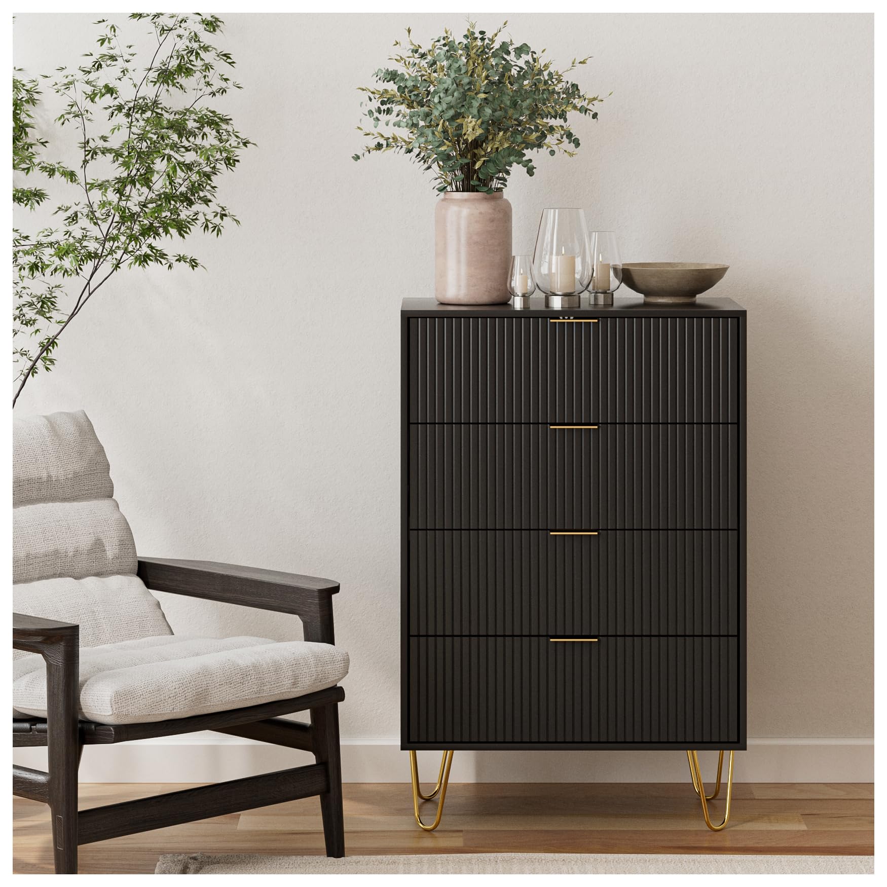 HEYZOEY Chest of 4 Drawers for Bedroom, 60x34x91cm, Wood Storage Dresser Bedroom Furniture Cabinet for Living Room,Office,Lounge,Black โ image 1
