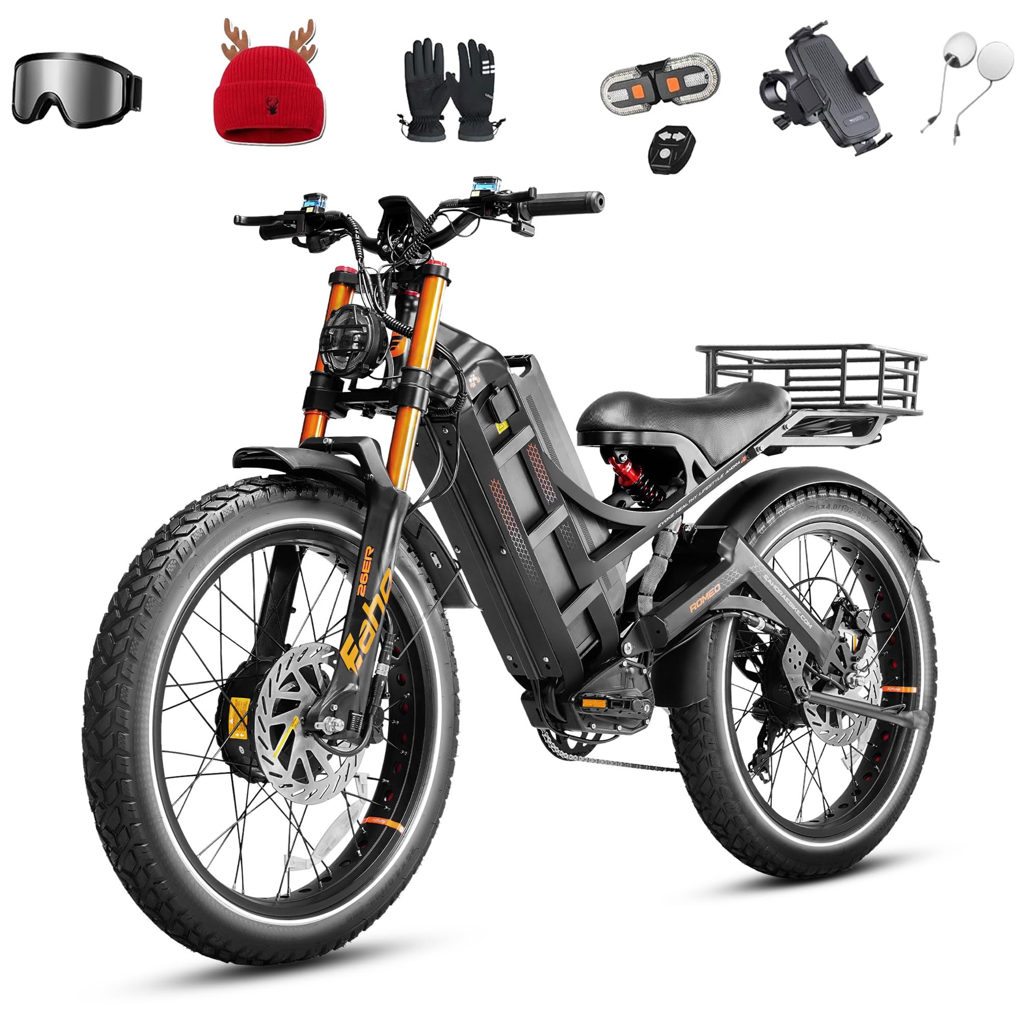 eAhora Romeo Pro 3 [2026] Peak 5600W Electric Bike for Adults 50Mph, 60V 80Ah Battery 250 Miles,Long Range Dual Motors Ebike,26"*4.0 Fat Tire Full Suspension