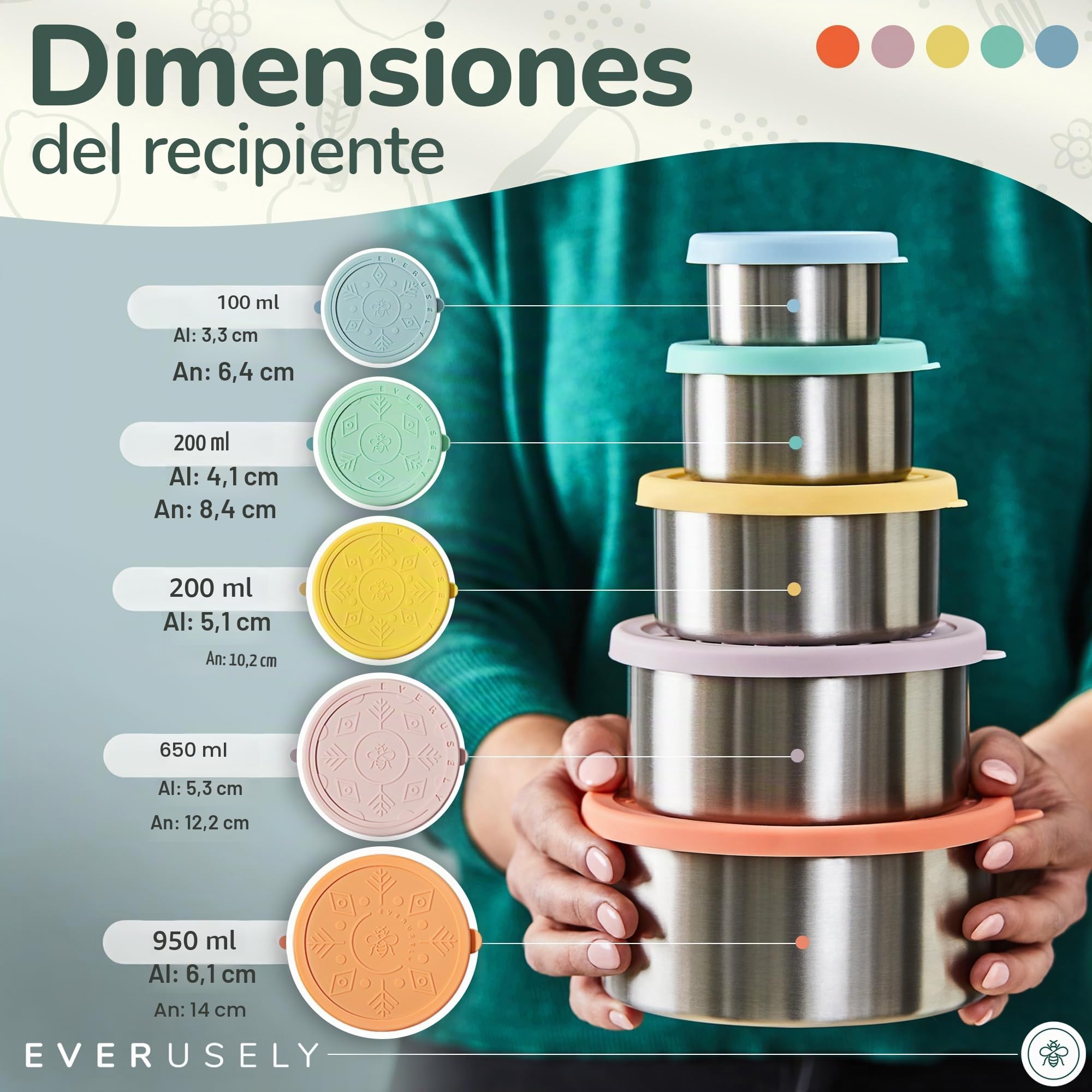 Everusely - Fiambrera de acero inoxidable con tapa hermética - Juego de 5, colección Bright - Fiambrera hermética - Recipientes apilables para la preparación de comidas