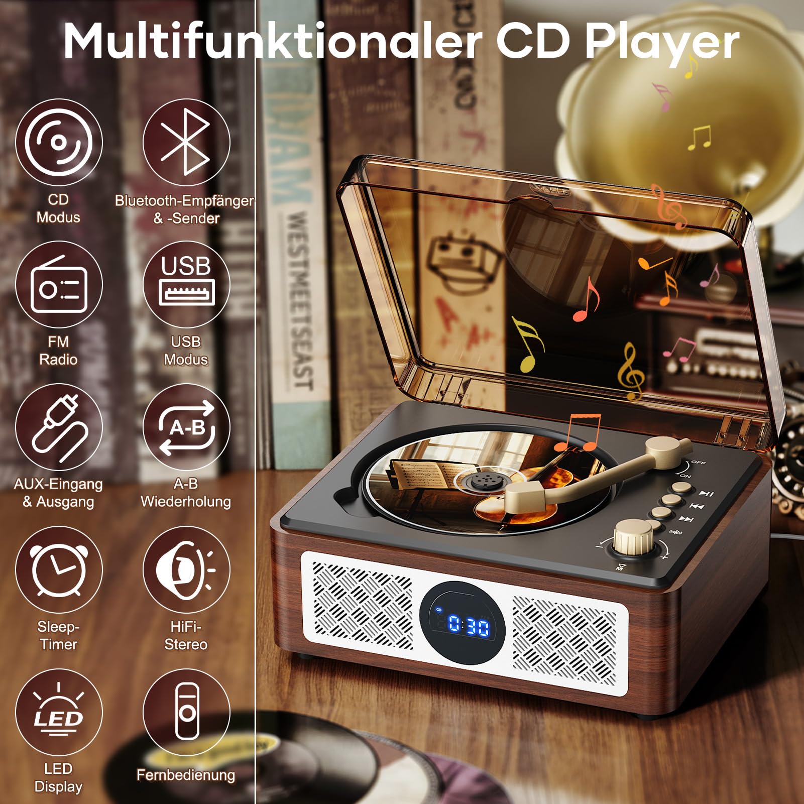 Bluetooth CD Player Tragbar mit Lautsprecher - Lehwey Retro CD-Player mit FM Radio, Stereo Sound, Unterstützt USB/AUX Wiedergabe, Vintage Desktop CD Spieler mit Fernbedienung, Staubschutz (Holz)