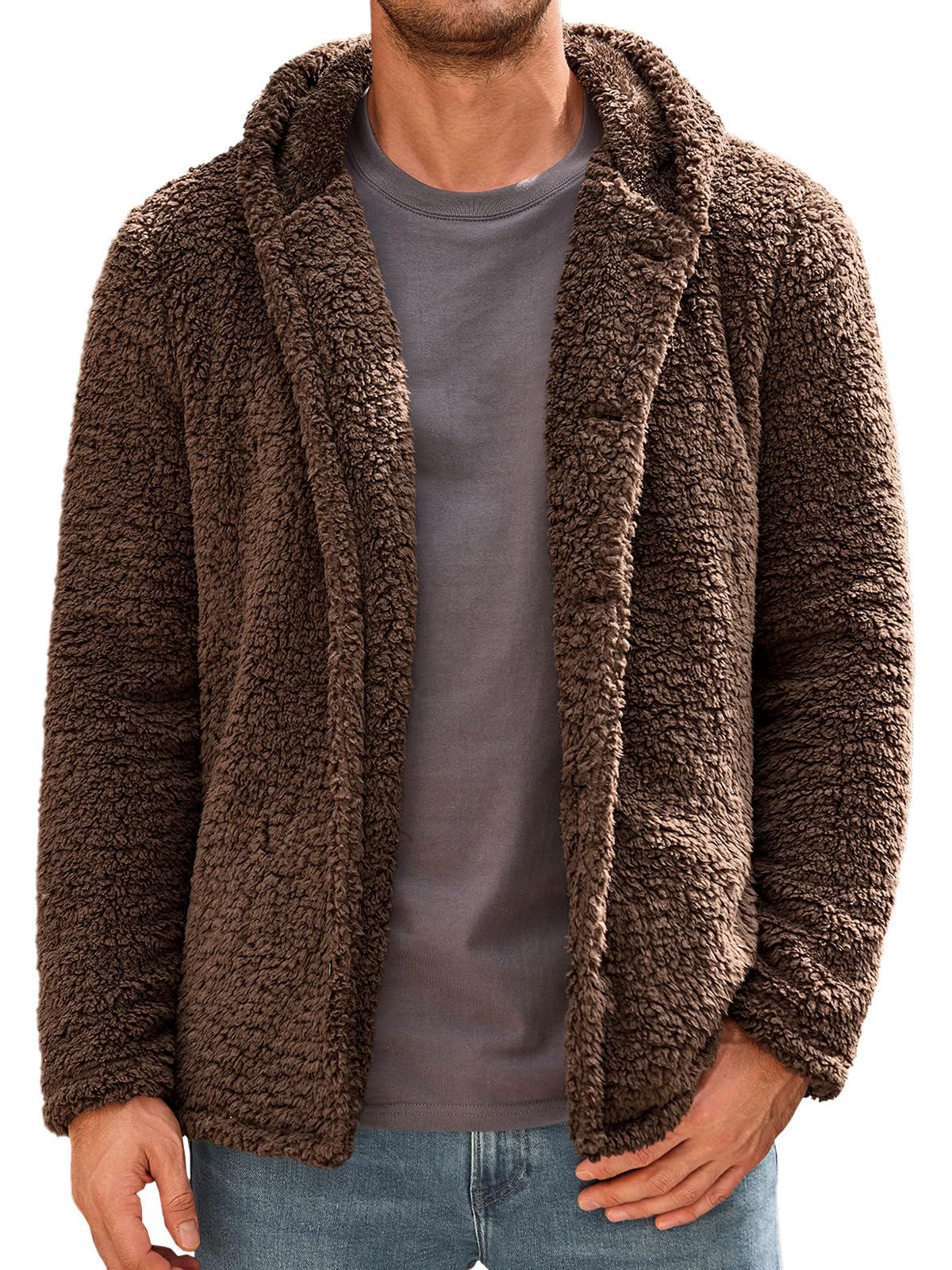 Runcati Mens Fuzzy Sherpa Hoodie Long Sleeve Button Down Fleece Jackets Casual Winter Hooded Sweatshirt