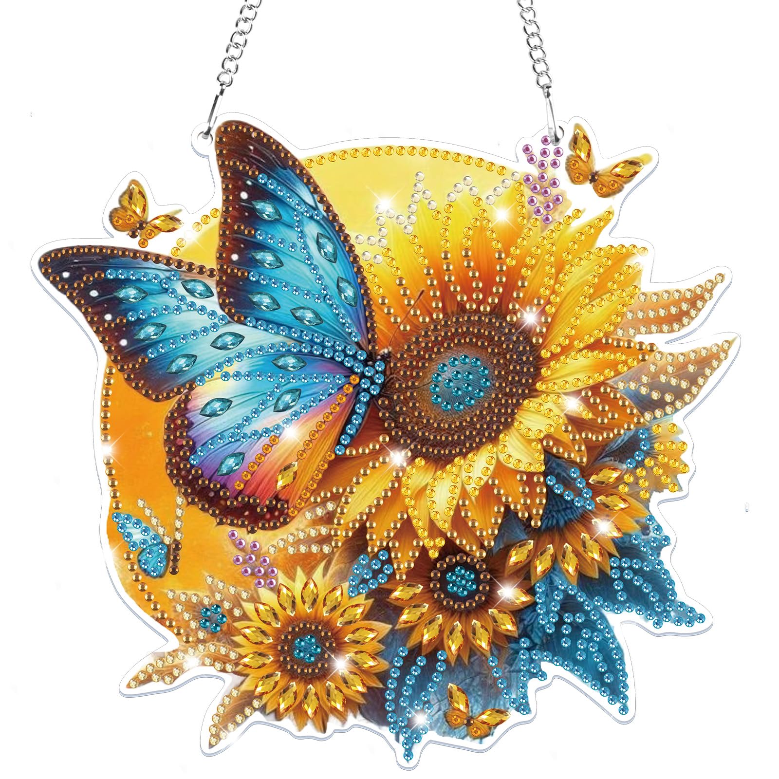 Lxmsja Butterfly Diamond Art Hanging Ornaments with Chain for Adults, Special Shaped Diamond Painting Sunflower Pendant Kits, Hanging Crystal Suncatcher Gem Art Kits for Home Door Wall Decor Gifts