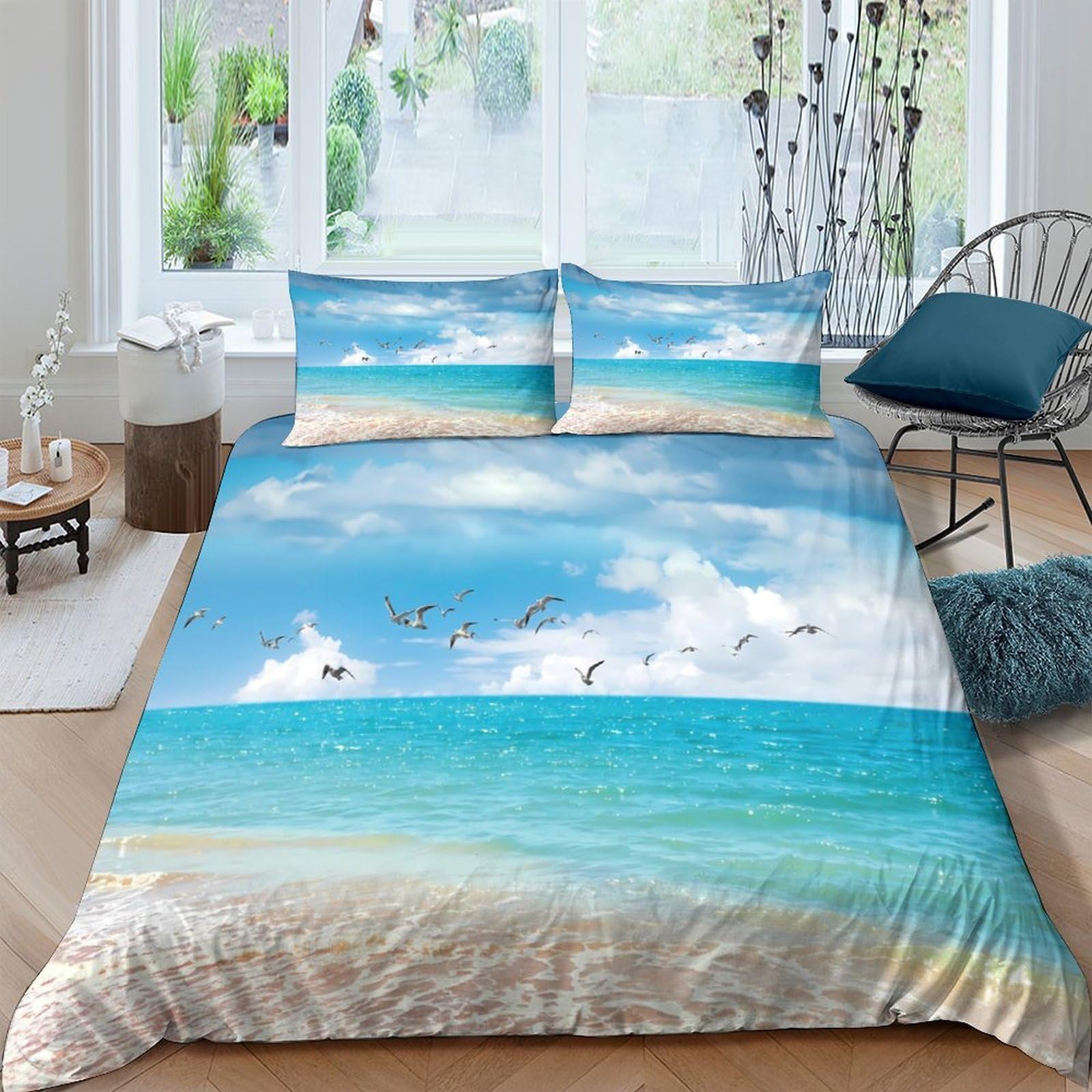 Ctjqhvkz Style-8 3D Printed Ocean Beach Fitted Sheet Microfiber Soft Blue Sky Seaside Mattress Cover For Bedroom Decor Easy Care Single（135X200cm）