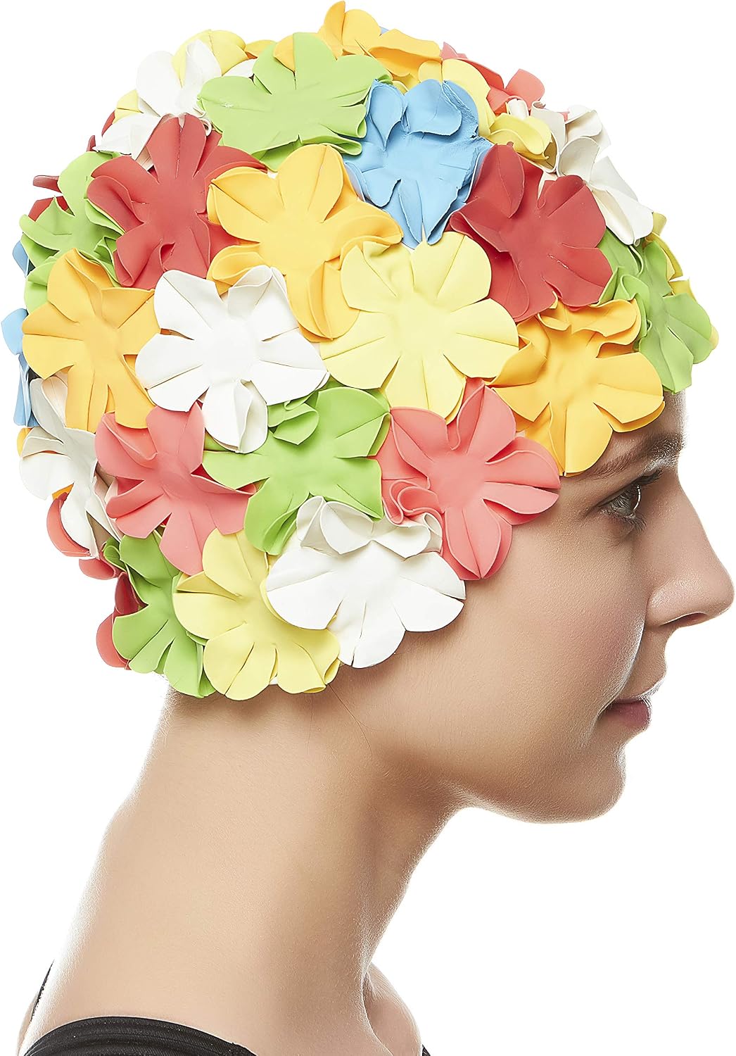 Beemo Floral Petal Swim Cap for Women - Retro Latex Bathing Cap for Long & Short Hair, Vintage Flower Swim Hat with Ear Protection for Pool, Beach & Water Aerobics