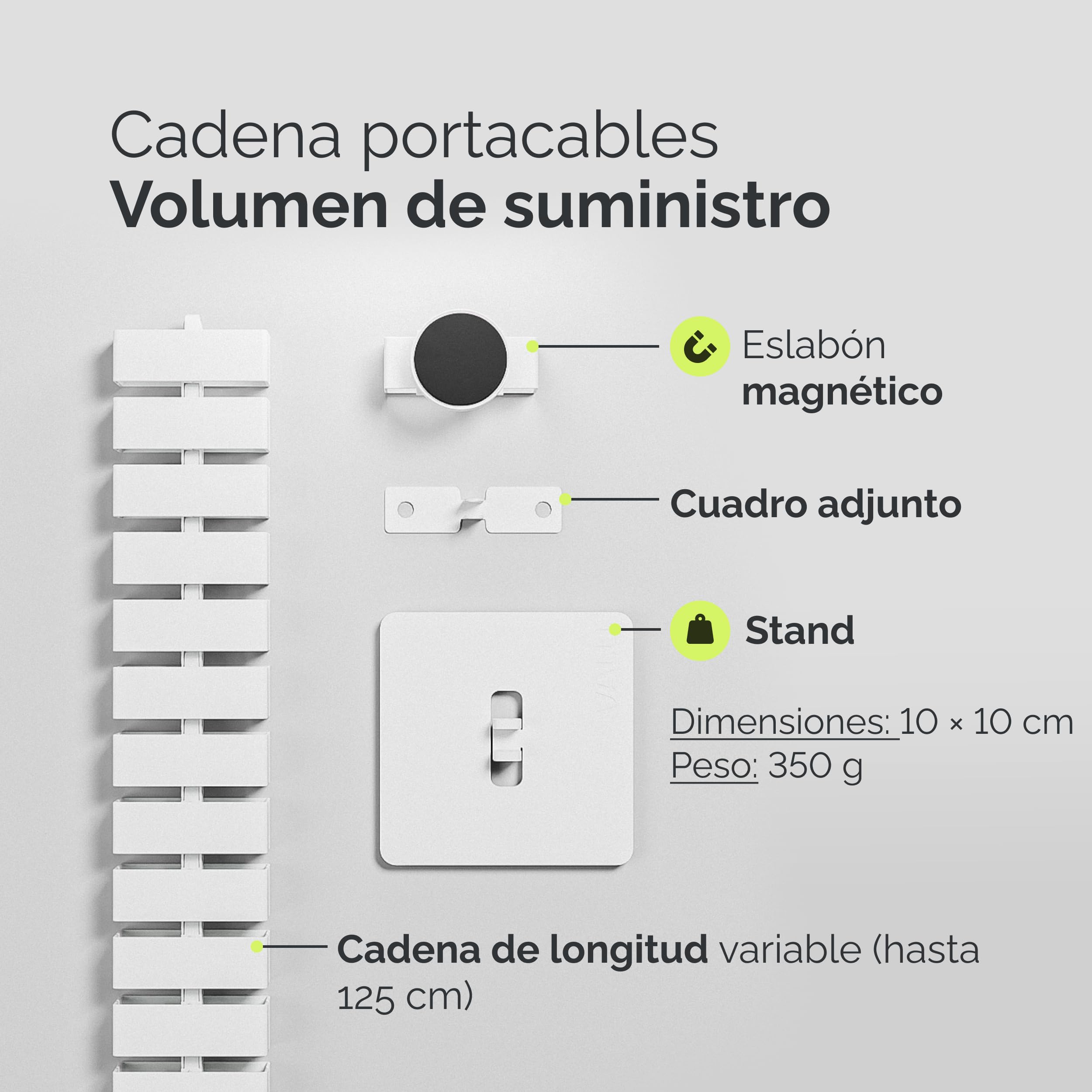 VALU guia pasacables para escritorios hasta 125 cm – Estable y Flexible, eslabón magnético – pasacables para mesas de Altura Fija y Ajustable – Base de Acero & Almohadillas de Goma