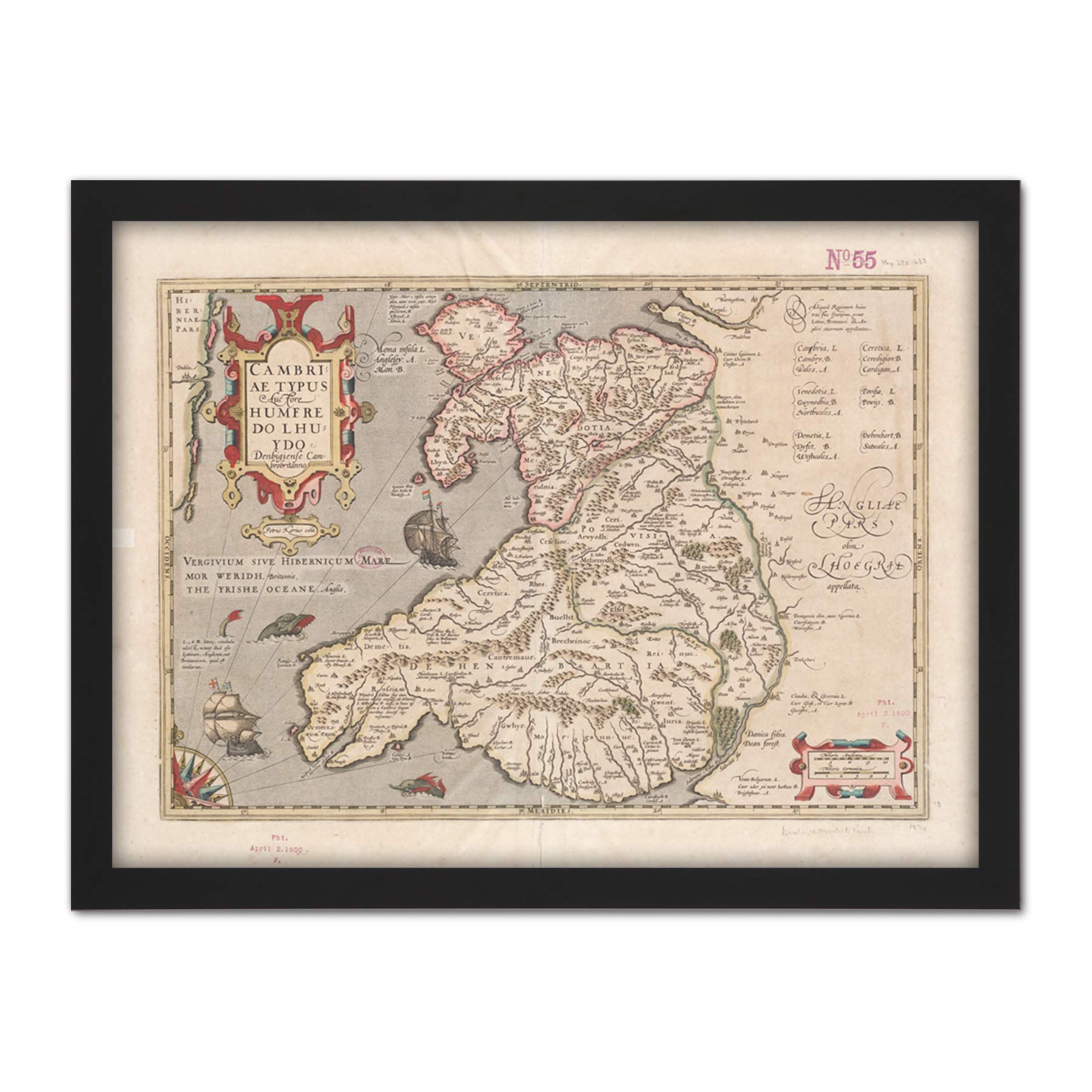 Hondius 1633 Welsh Latin Early Map Wales Cymru Artwork Framed Wall Art Print 18X24 Inch