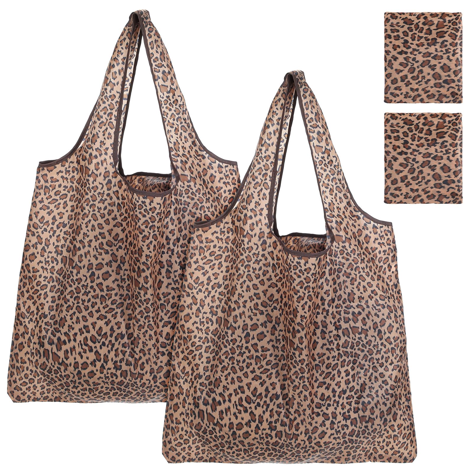 Elegaperma 2 Pcs Folding Shopping Bags, Shopping Bags Foldable in Leopard Print, Extra Large Polyester Reusable Grocery Totes (Brown, 60 x 45 cm)
