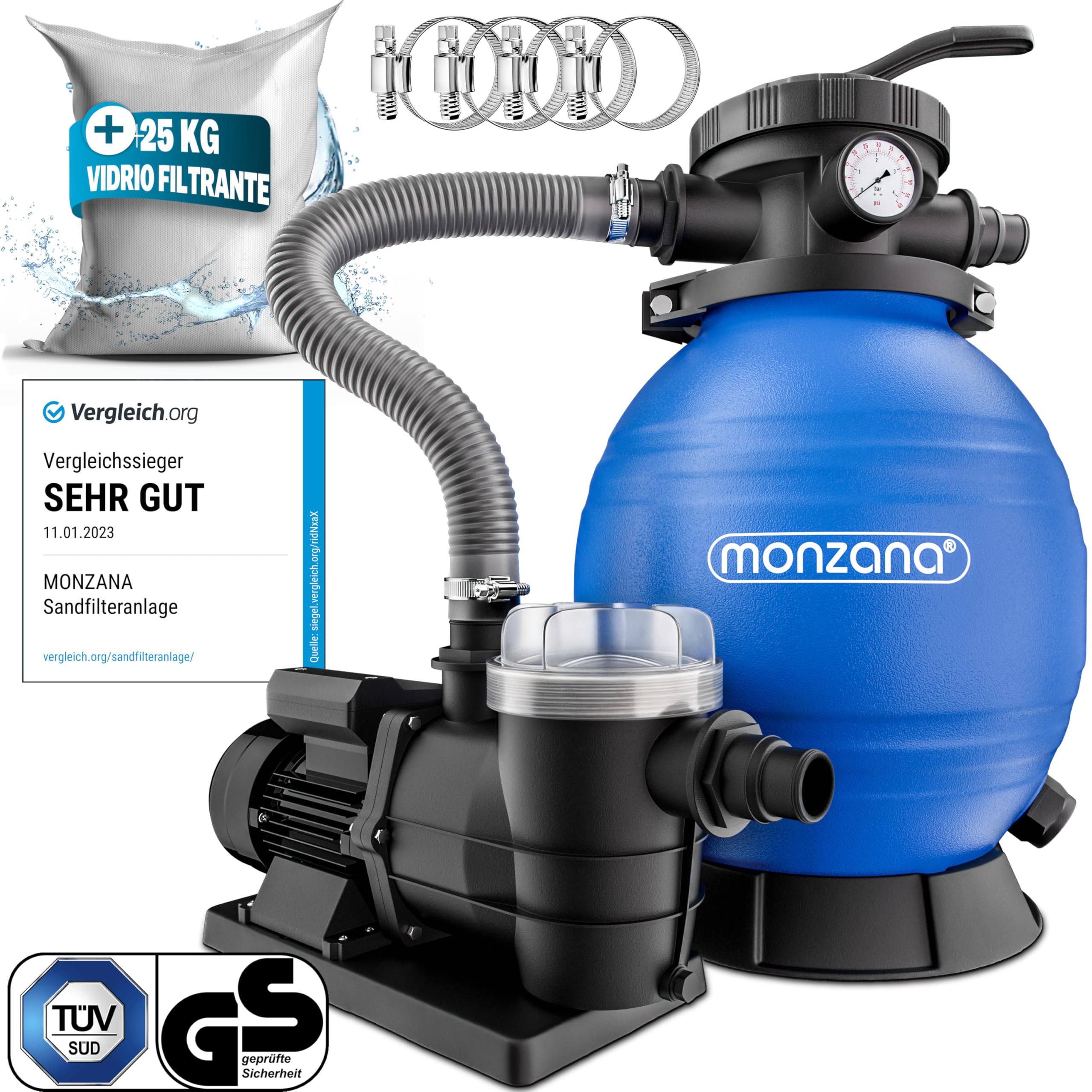 MONZANA Depuradora Piscina 9.600L/h | Filtro Arena 30.000L, Vidrio Filtrante, Valvula 7 Funciones Filtrado, 400W, Bomba, Indicador Presión, Adaptador Ø32-38mm