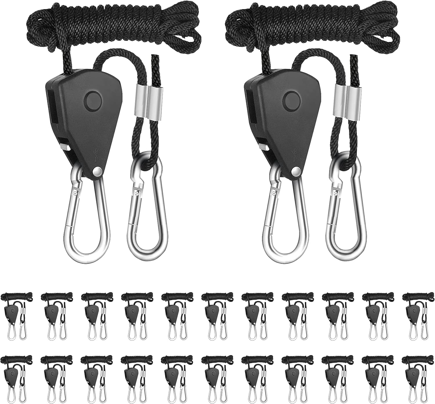 HealSmart 24Pcs 1/8" Kayak Tie Downs Rope Canoe Bow and Stern Tie Down Straps Adjustable Heavy Duty Cargo Ratchet Pulley Rope Hanger, Black