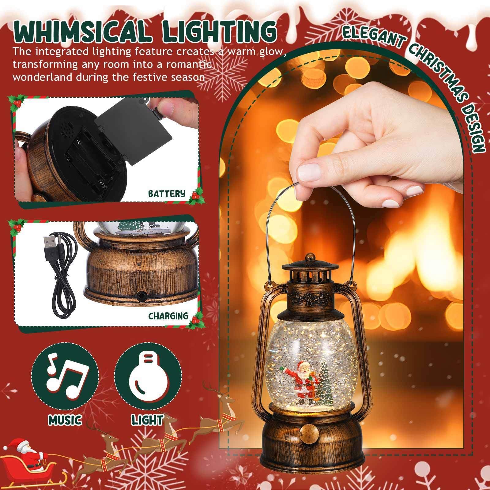 OSALADI Lanterna Natalizia Illuminata con Globo di Neve e Musica, Design Elegante in Vetro e Plastico, Decorazione per Tavolo Feste di Natale, Alimentata a USB o Batteria