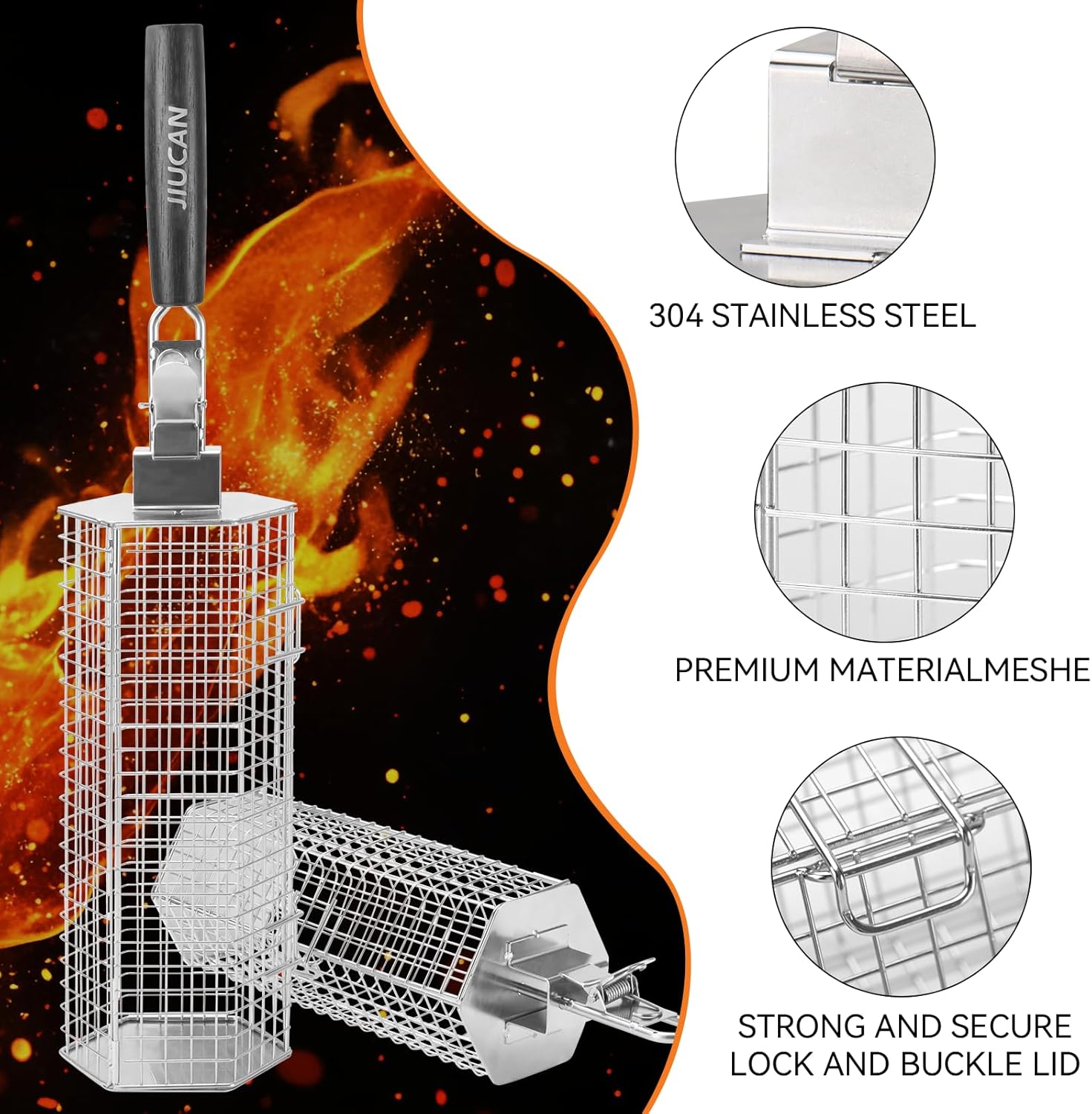Grill Baskets Set, 2 PCS Stainless Steel Grill Baskets with Removable Wooden Handles, Nesting BBQ Tools, Hexagon Design for Outdoor Cooking Camping, Birthday Gifts for Men Dad Husband