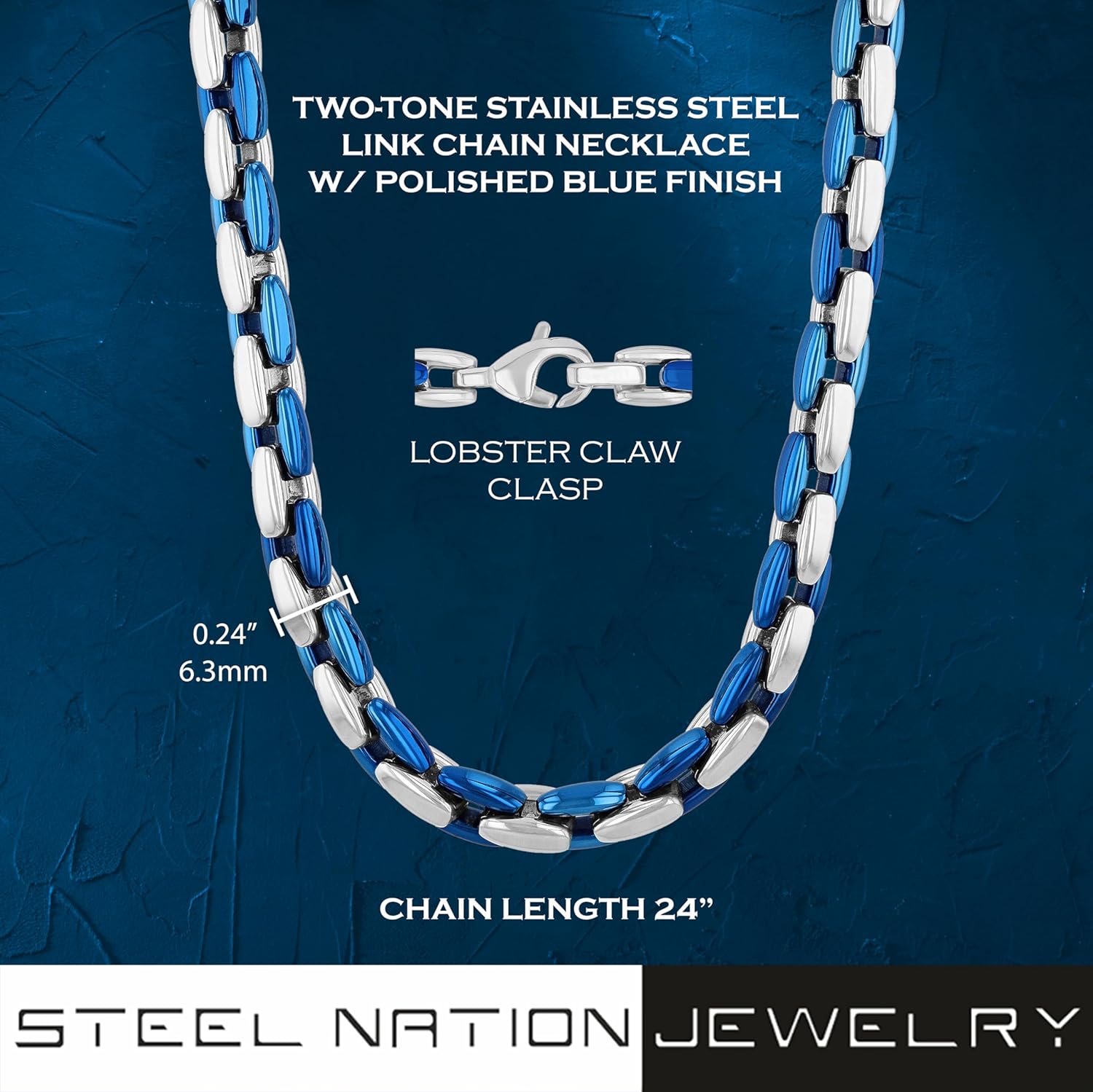 Stainless Steel and Blue Ion-Plate 6.3mm Oval Link 24" Chain Necklace - Image 4