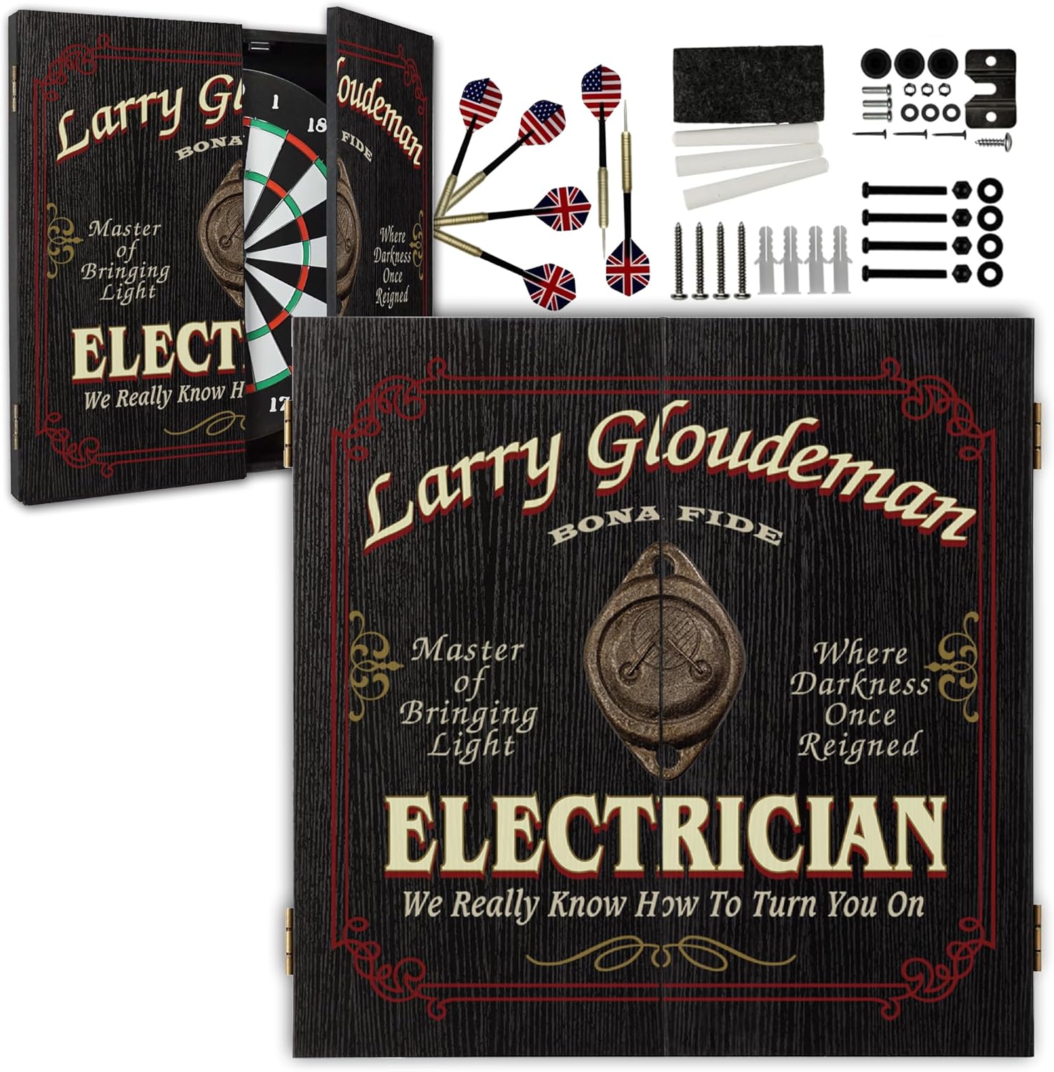 Personalized Dart Board Cabinet Set with 6 Steel Tip Darts, Paper Fibre Dartboard, Chalk & Eraser (21.5 x 21.5 x 2.75") - Occupational Man Cave Dart Boards for Adults - Physical Therapist (414)