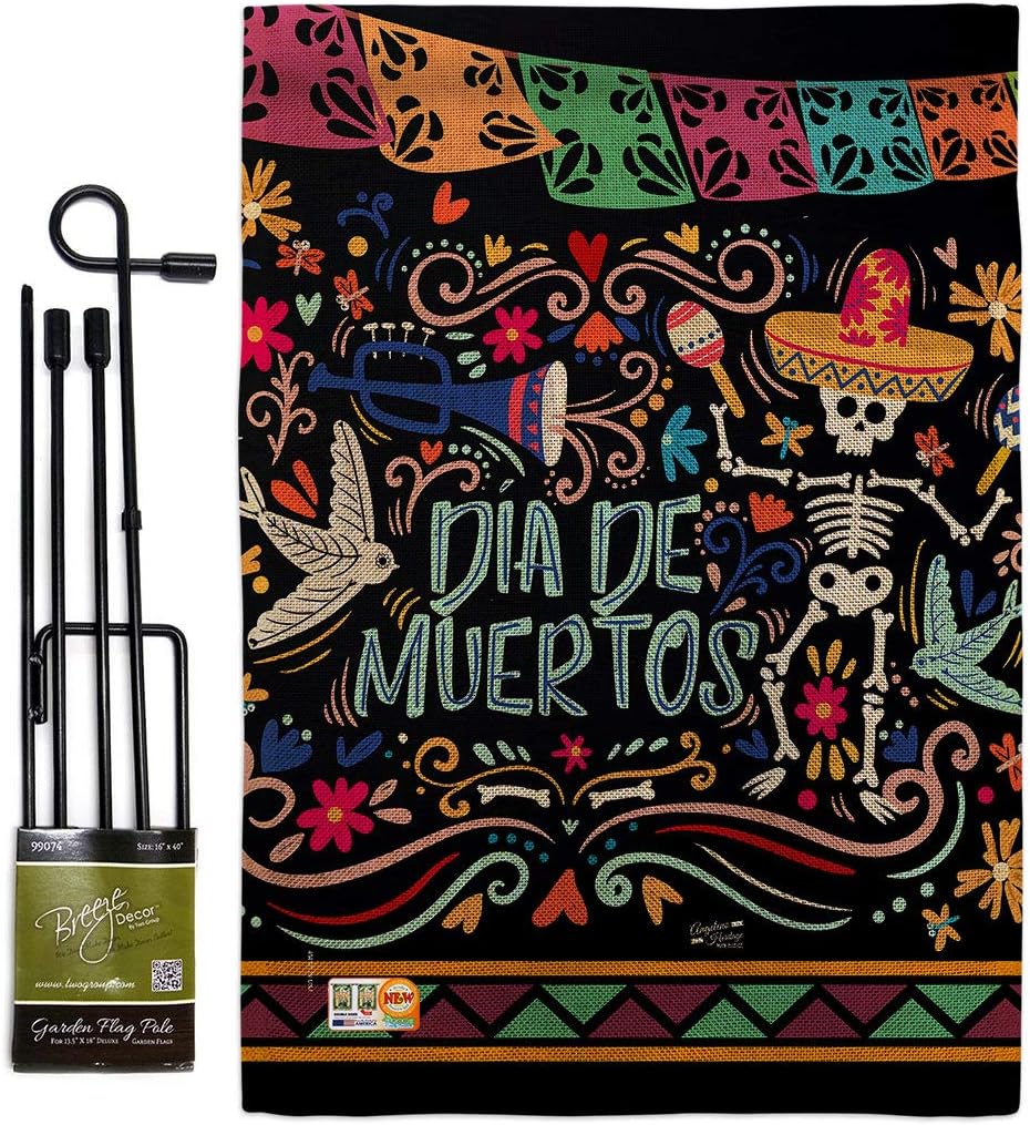 Colorful Dia de Muertos Burlap Garden Flag Falltime Day of Dead Los Fiesta Mexican Party Autumntime Small Decorative Gift Yard House Banner Double-Sided Made In USA 13 X 18.5