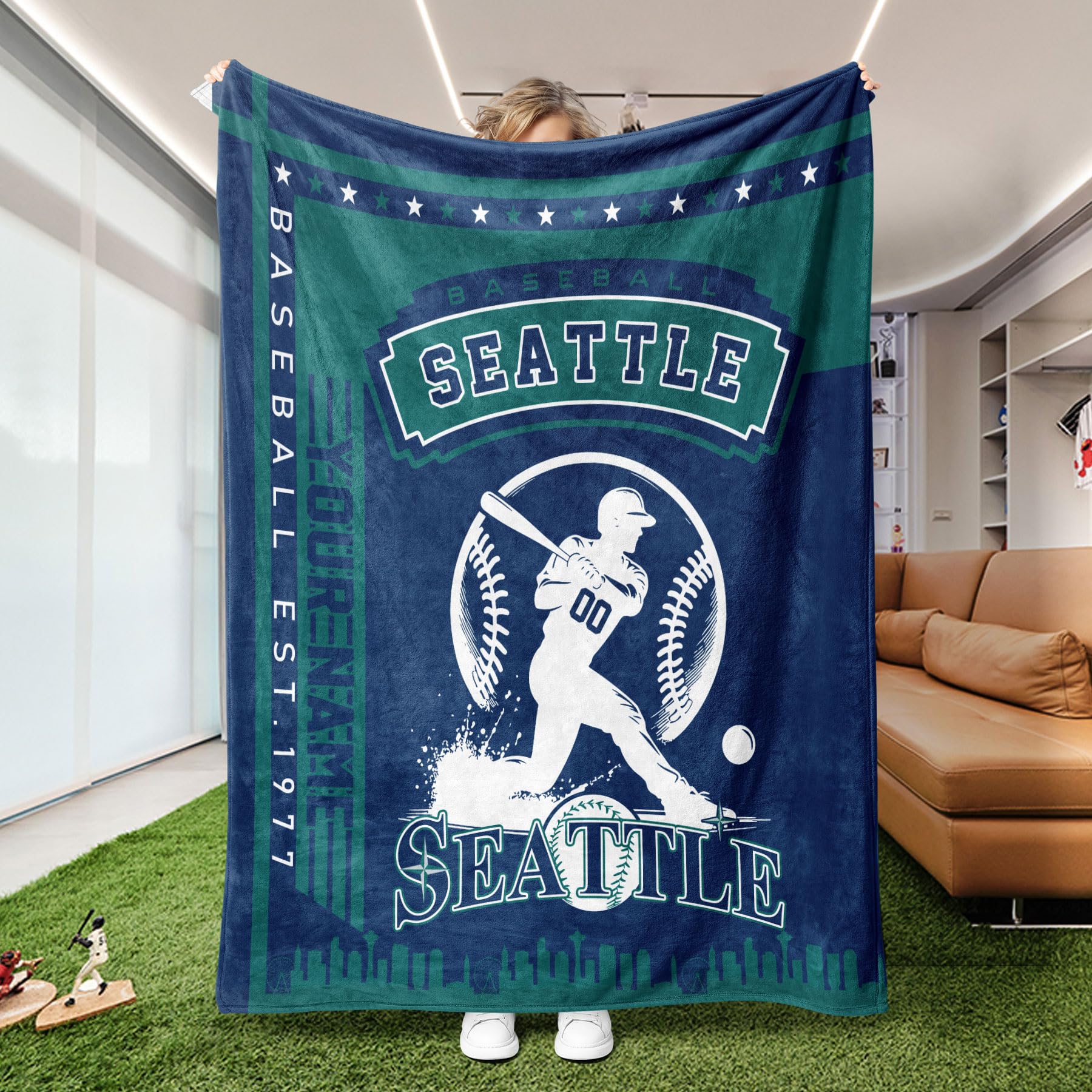 Avqsziol Seattle Blanket Custom Throw Blankets Personalized Custom Name and Number Baseball Blanket Gifts for Men Women Fans