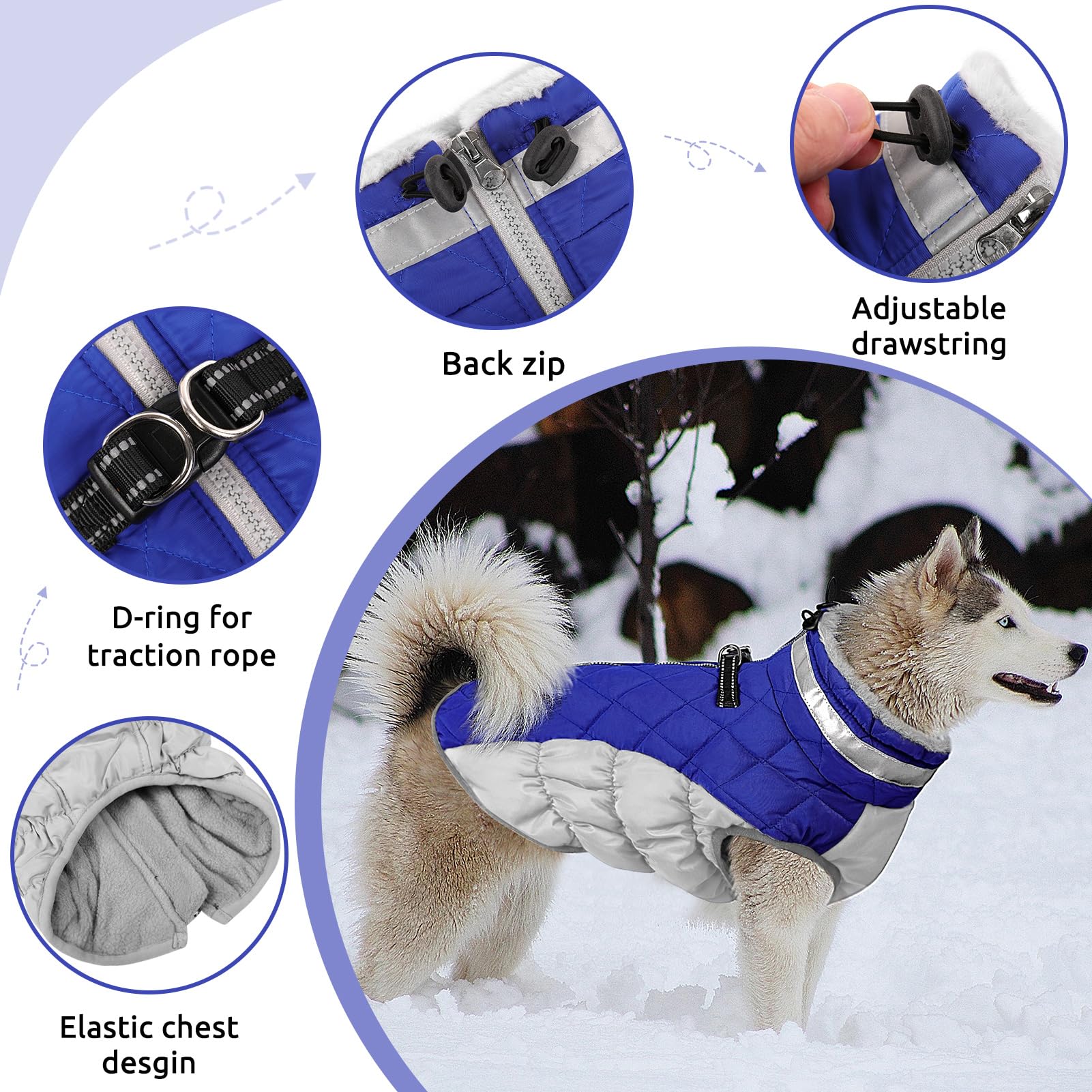 CITÉTOILE Cappotti per Cani Invernali in Pile con Imbracatura, Caldo Cappotti e Giubbotti per Cane Taglia Piccola/Media/Grande, Cappottino Impermeabile Cani, Gilet Cappotto Riflettente, Blu, L