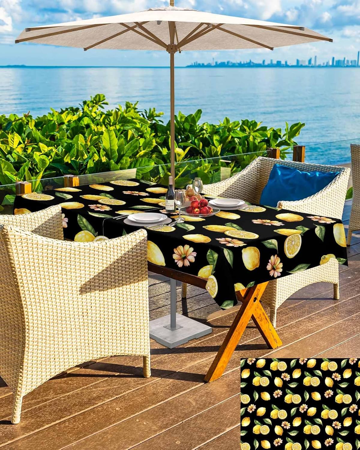 Outdoor Tablecloth with Umbrella Hole and Zipper 54" x 80" Rectangular Summer Lemon Flowers Black Water Repellant Table Cover Tabletop Collection for Party Patio Picnic