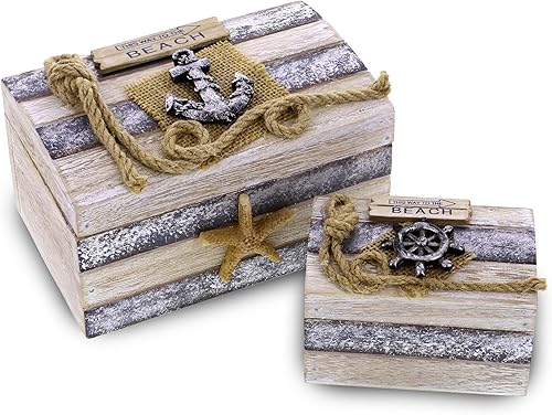 CoTa Global Joyero de madera de mar plateado, juego de 2 piezas, baratija náutica hecha a mano con ancla y estrellas de mar, decoración del hogar de