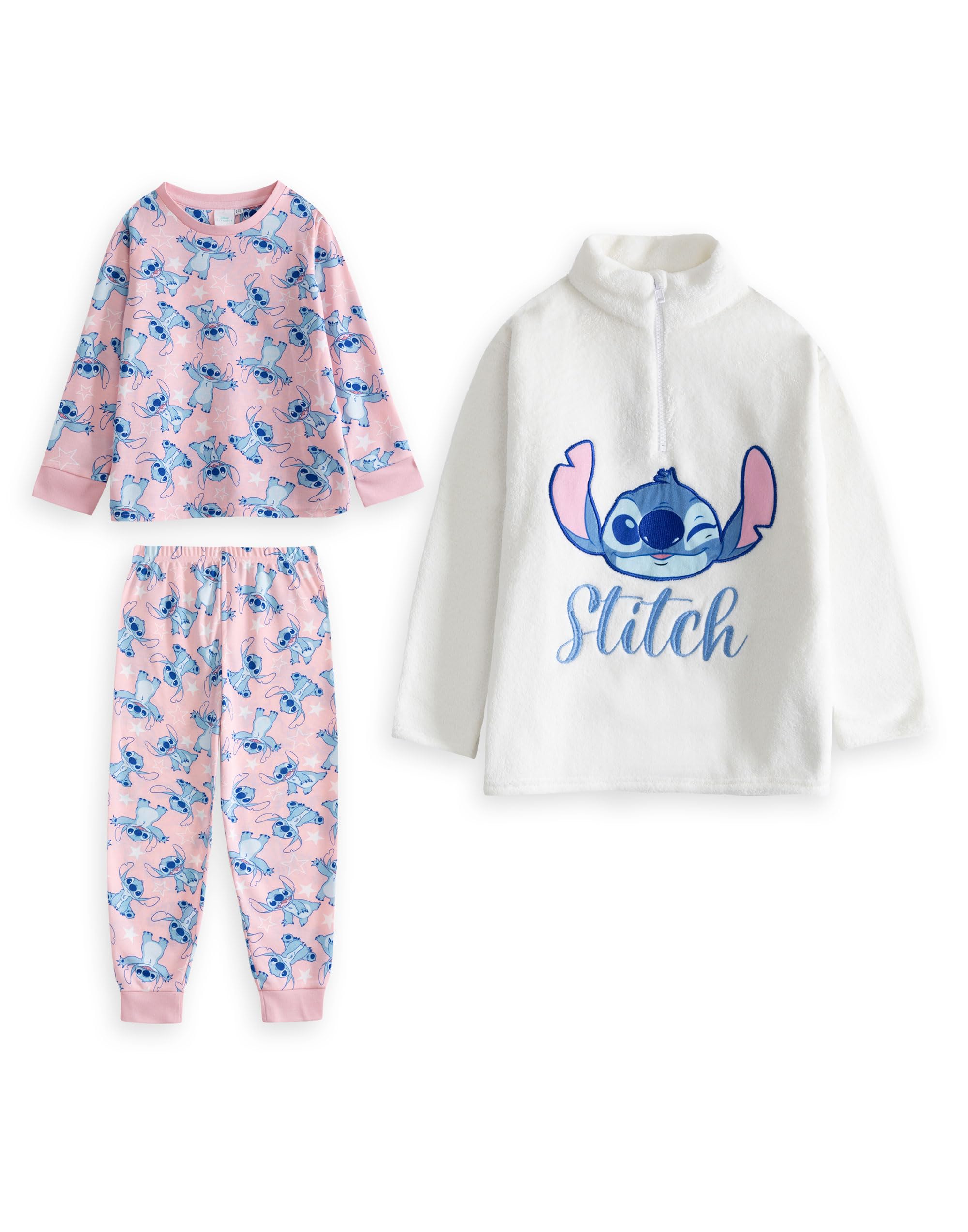 Disney Girls Pink Lilo & Stitch Long Sleeve Long Leg Pyjama And Jumper 3 Piece Set | Cosy Fleece With Stitch Character | Zip-Up Nightwear For Bedtime Merch - 13-14 Years