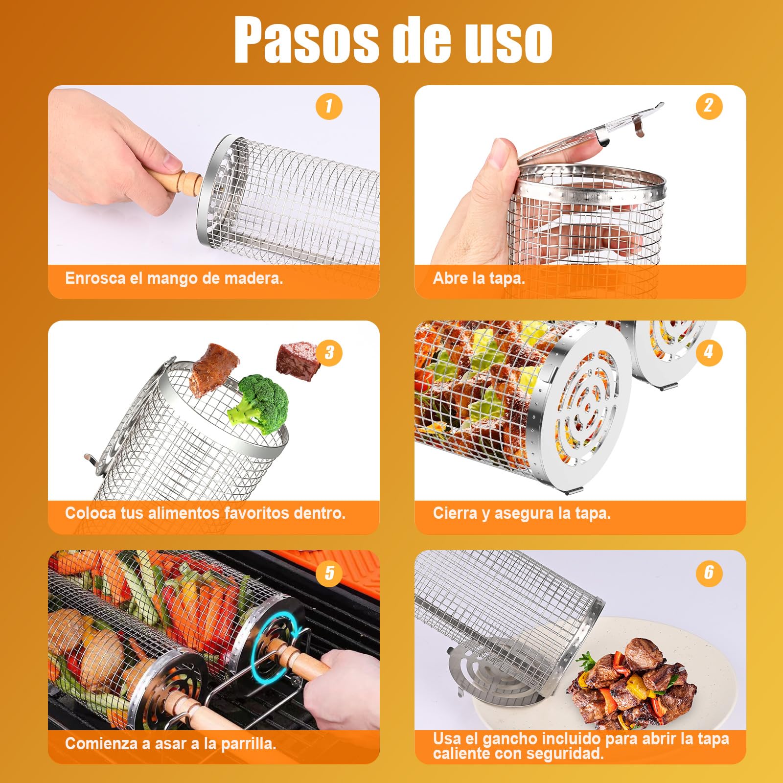 Conjunto de 2 Cestas para Parrilla Rodante, Cesta de Parrilla de Acero Inoxidable con Mango Extraíble, Rejilla Barbacoa para Asar Verduras, Carne