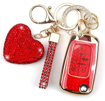 Key Fob Cover with Diamond Keychain for Women, Car Key Holder Compatible with Chevy Cruze Camaro Malibu Equinox Impala GMC Buick Encore Regal Flip Folding Protector, 5 Buttons Red-Heart