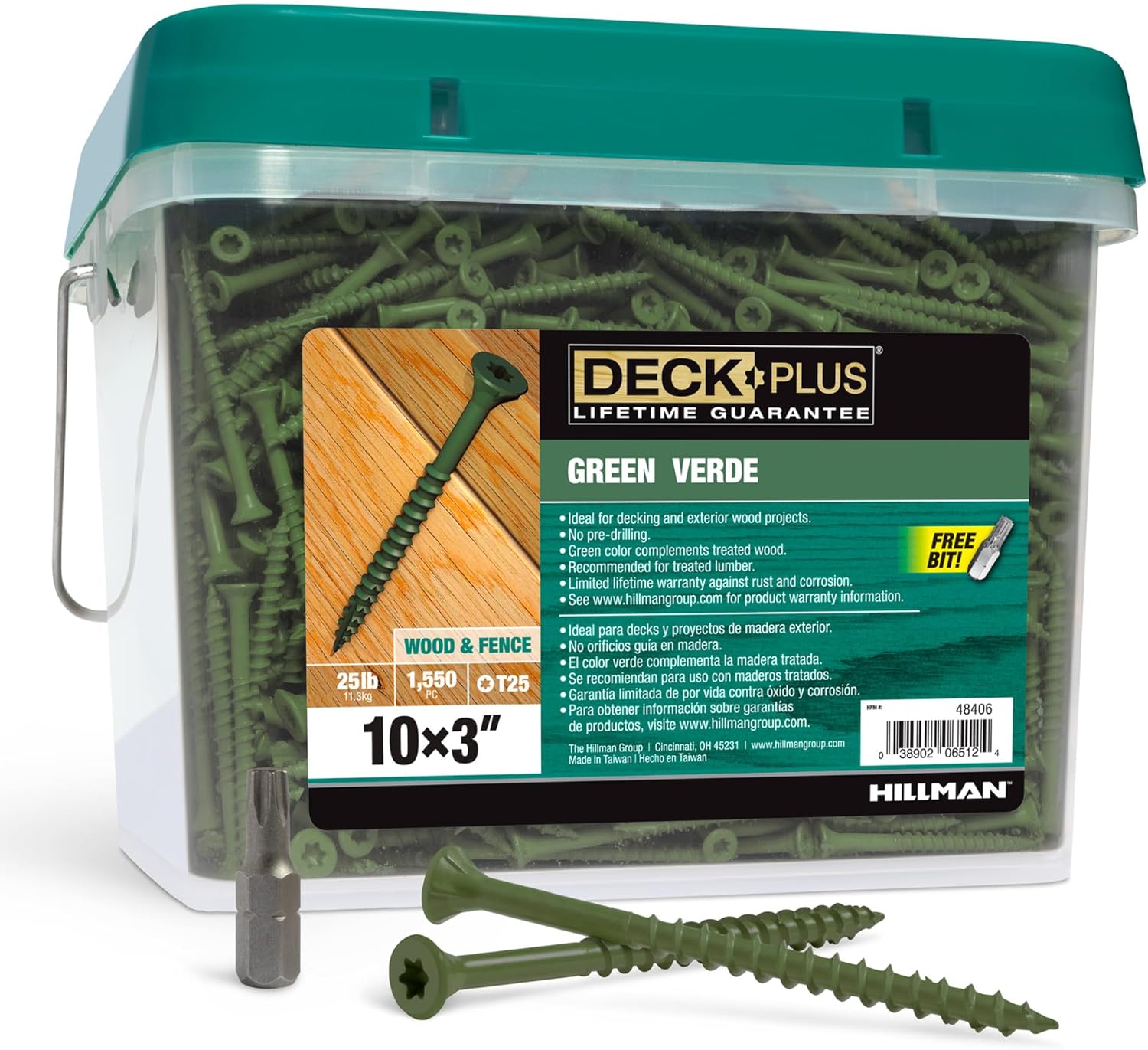 Deck Plus 3 Inch Epoxy Coated Exterior Wood and Fence Screws #10 x 3 Torx/Star Drive Included Coarse Thread, Outdoor Rust Resistant Decking Screw, Green, 25lb Box, 1550 Pieces | 48406