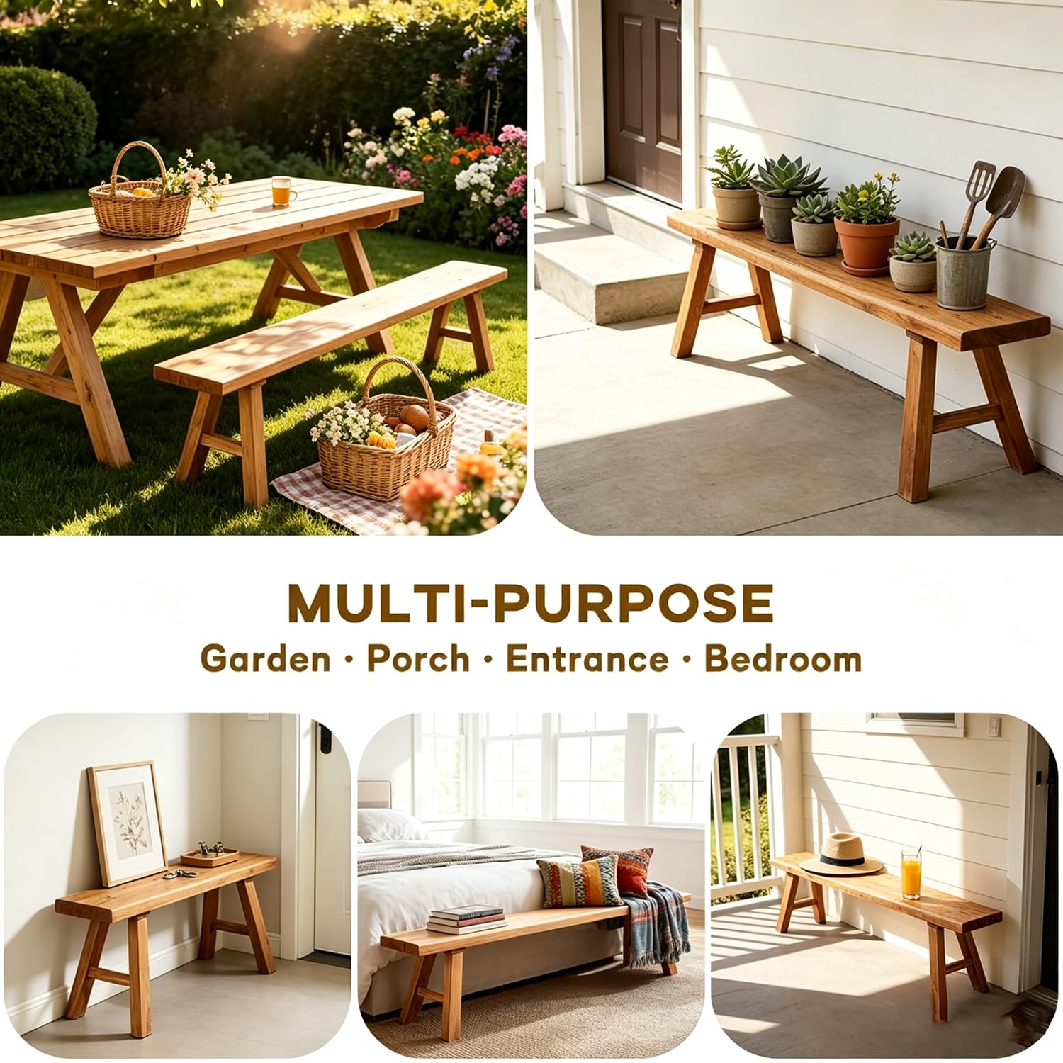 Farmhouse Indoor Wooden Living Room Dining Bench, Asian Natural Wood Kitchen Entryway Benc with Armless Design and Short Height, Solid Wood Shoe Bench Entryway Benches (47.2 * 10.2 * 17.7)