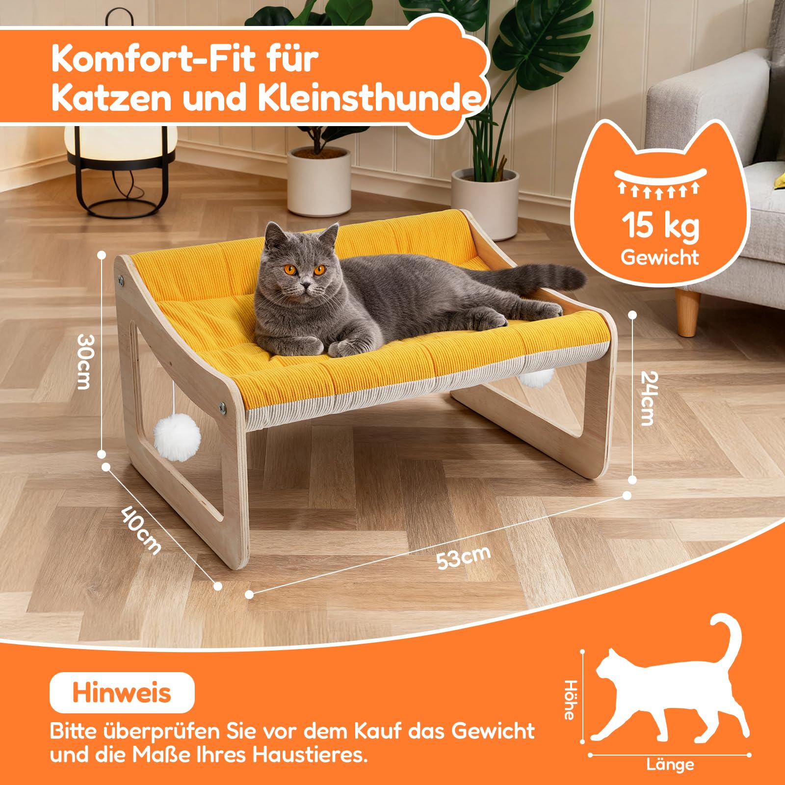 BSWAY Letto per gatti rialzato, in legno, divano per gatti giallo sole, 53 x 40 cm, alla moda, con coprimaterasso rimovibile, portata 15 kg