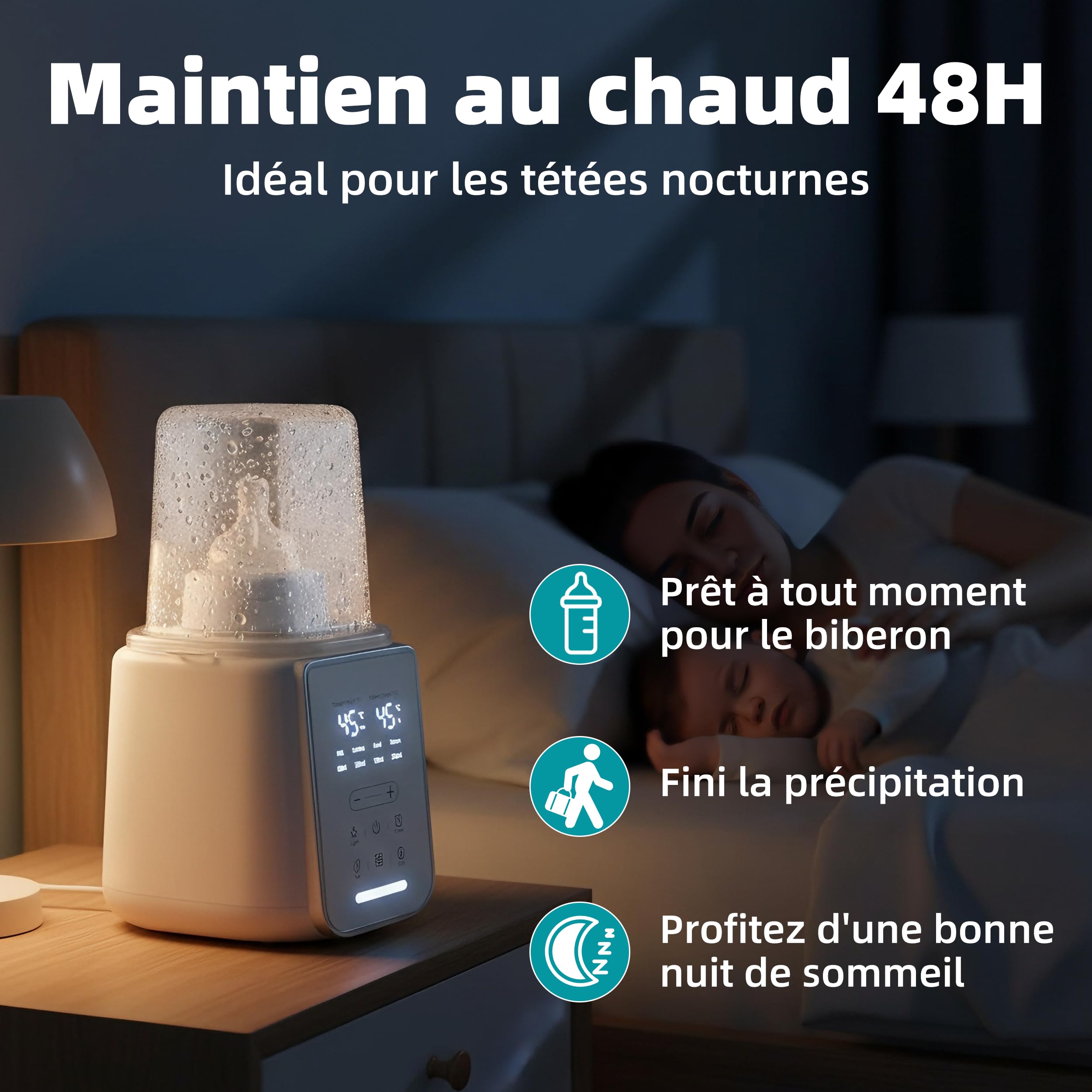 Chauffe-biberon intelligent 8-en-1 avec contrôle précis de la température, pour lait maternel ou préparation, combinant chauffage, stérilisation, maintien au Chaud et Protection Surchauffe