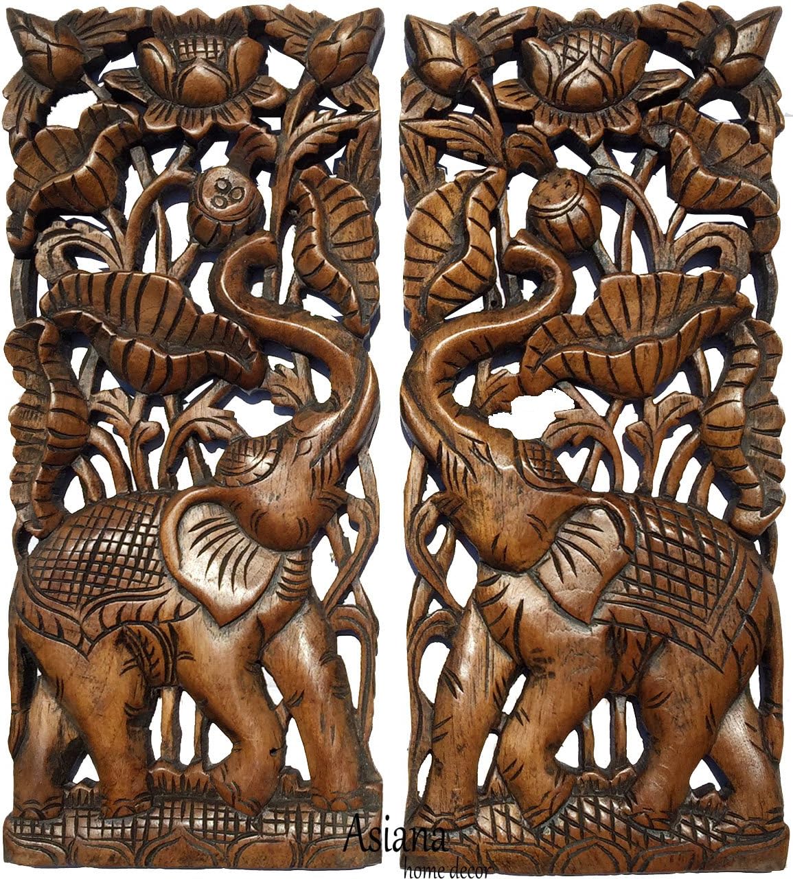 Carved Wood Wall Panel- Elephant with Lotus Flower Design, Size 17.5”x7.5”x1 Each, Set of 2 Pcs. (Brown)