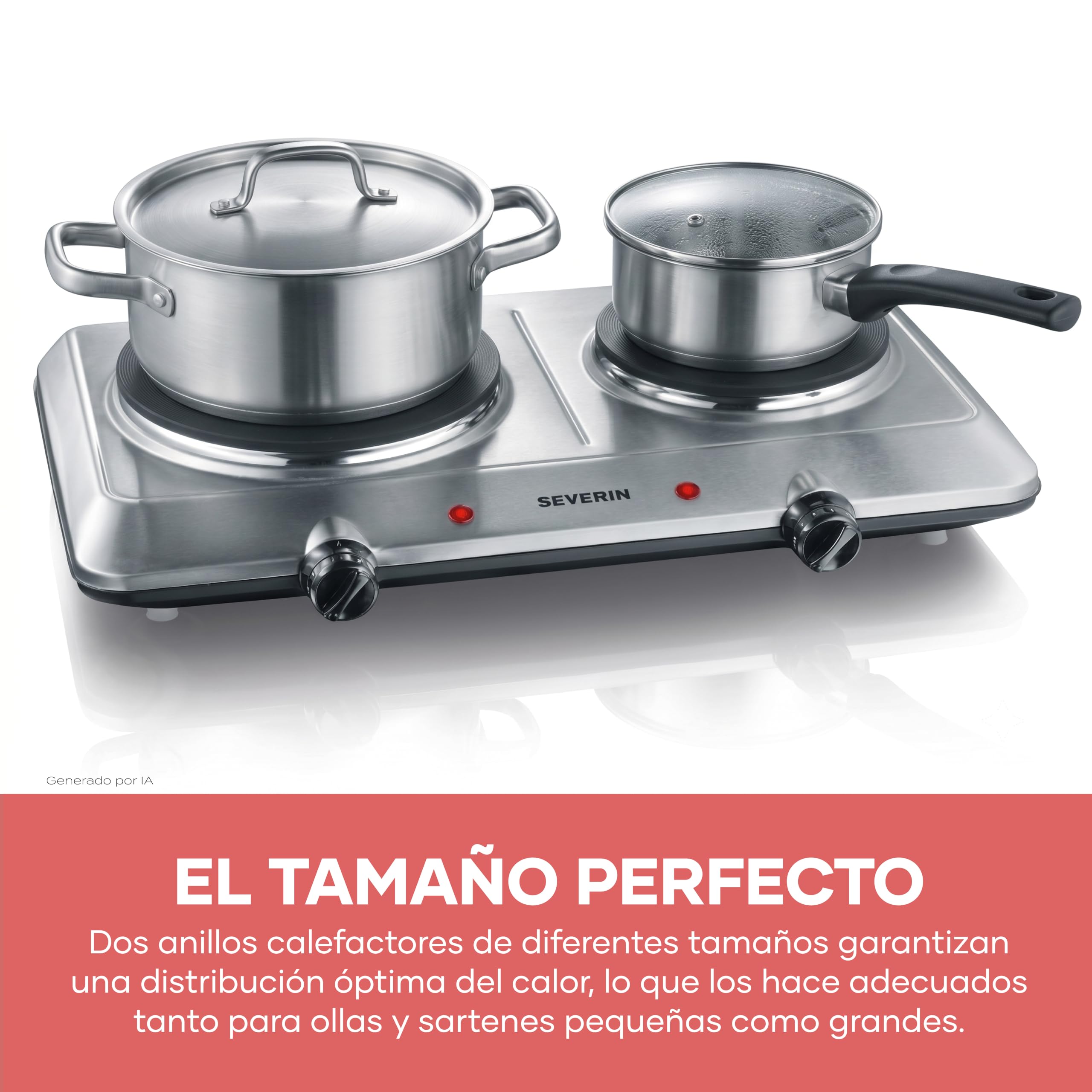 Severin Placa de cocina doble, eléctrica, con 2 fuegos, hornillo de camping | 2 anillos calefactores, 1000/1500 W, potencia regulable, 2 placas, luz indicadora, acero inoxidable, color plateado, 1014